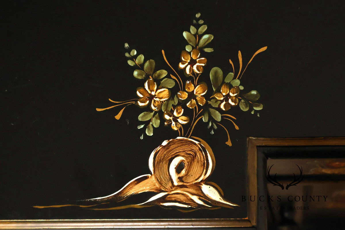 Chinoiserie Style Black Lacquer Hand Painted Sideboard With Hidden Secretary Desk