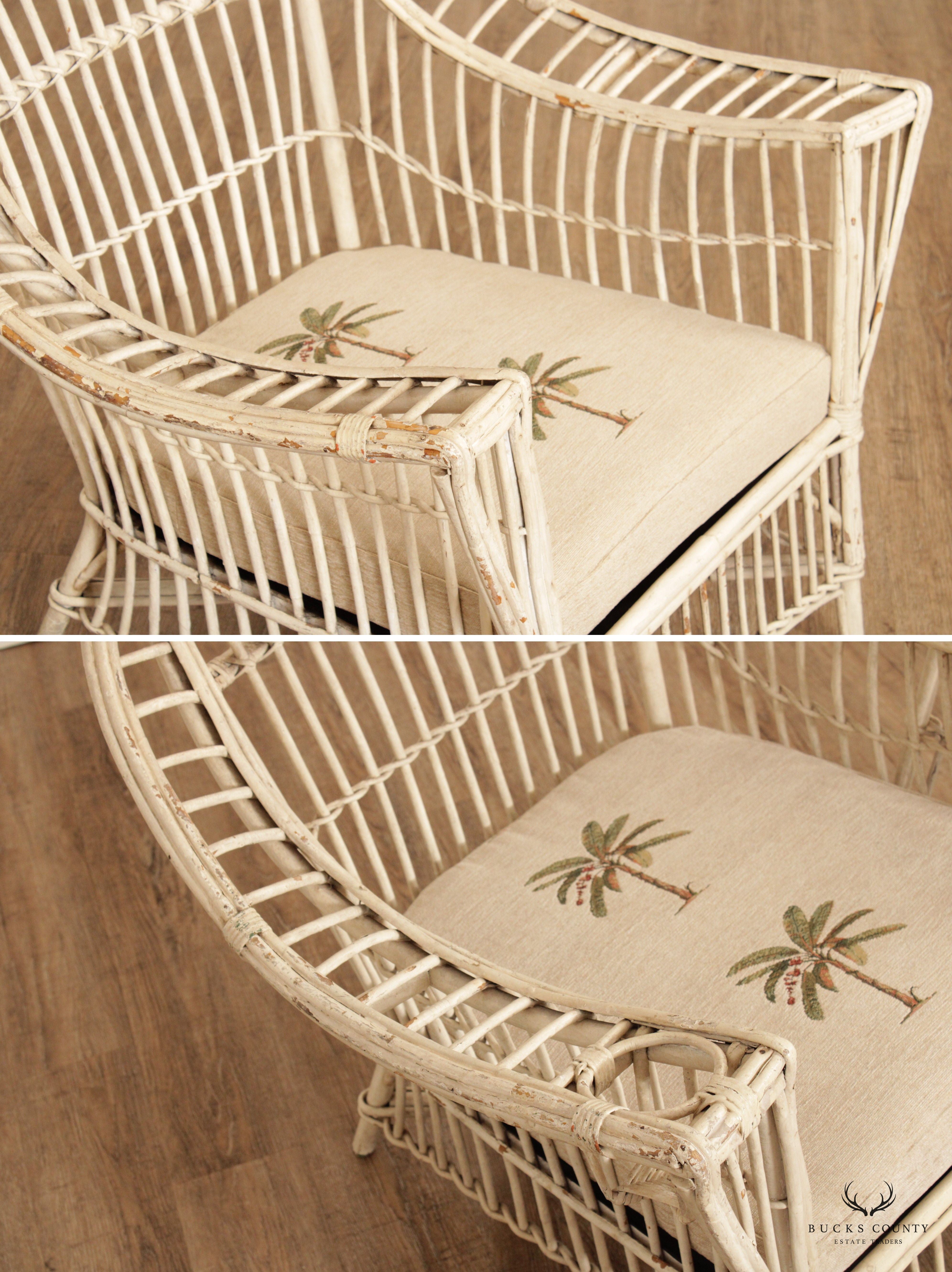 Vintage Coastal White Painted Split Reed Wicker Rattan Pair Patio Lounge Chairs