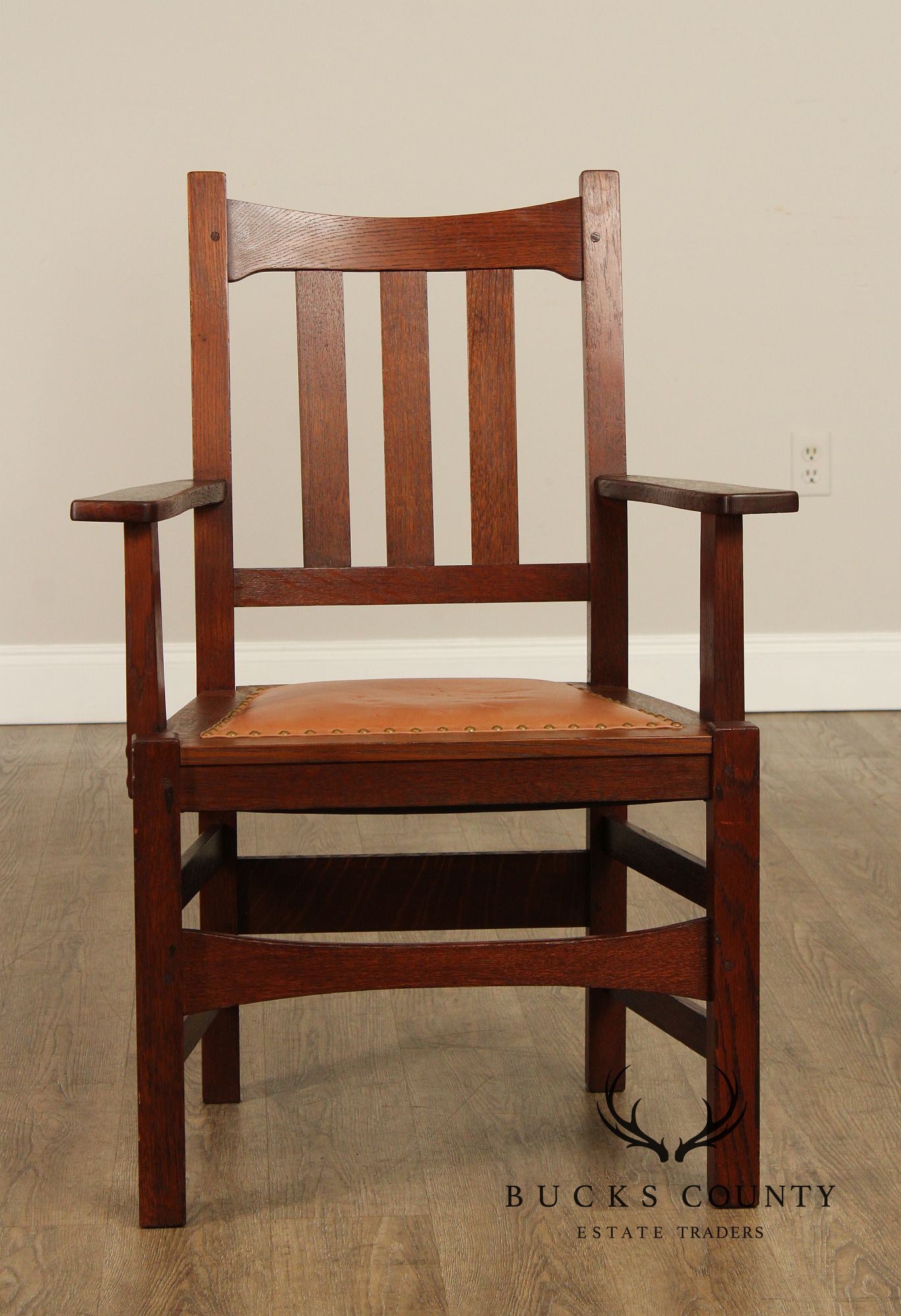 Stickley Brothers Set of Eight Mission Oak and Leather Dining Chairs