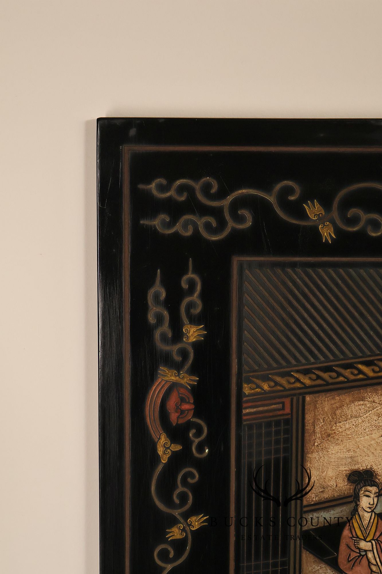 Asian Style Black Vintage Lacquer Six Panel Folding Screen