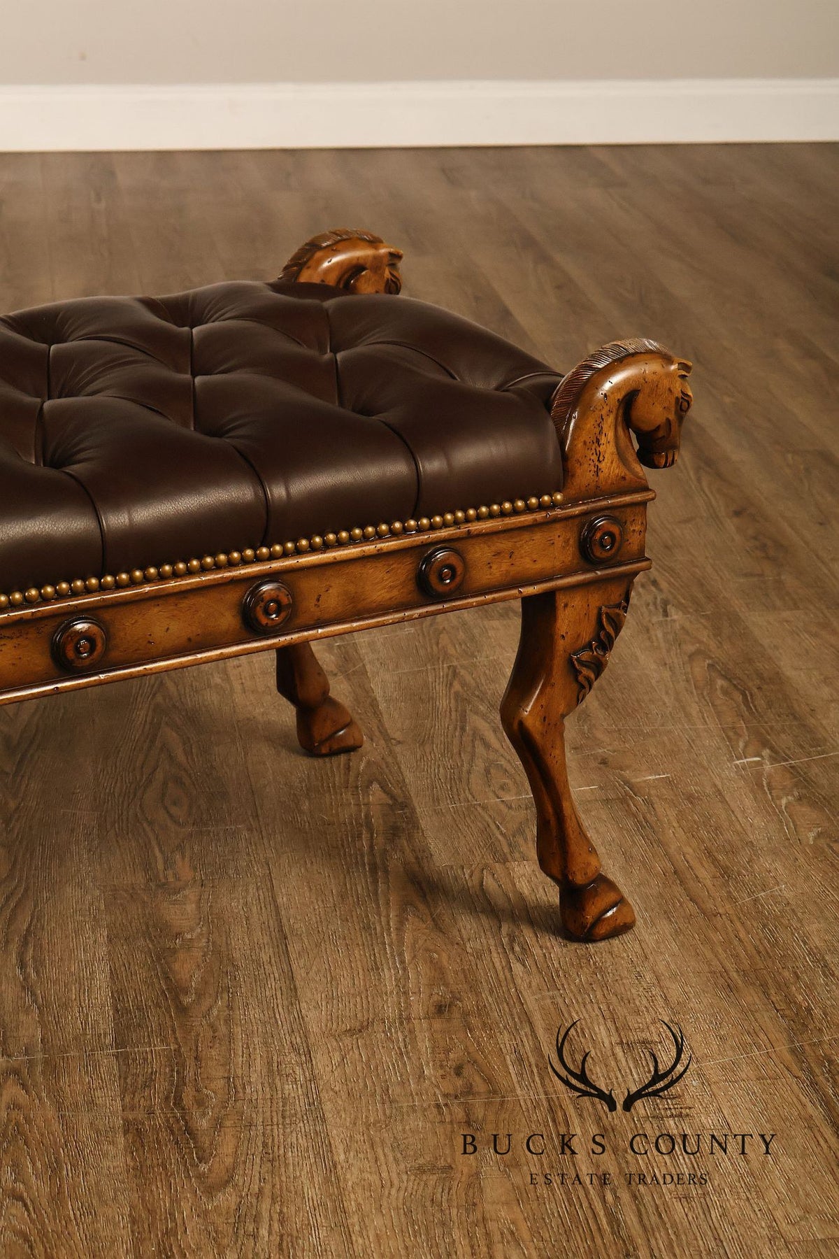 Theodore Alexander Regency Style Carved Horse Head Leather Bench