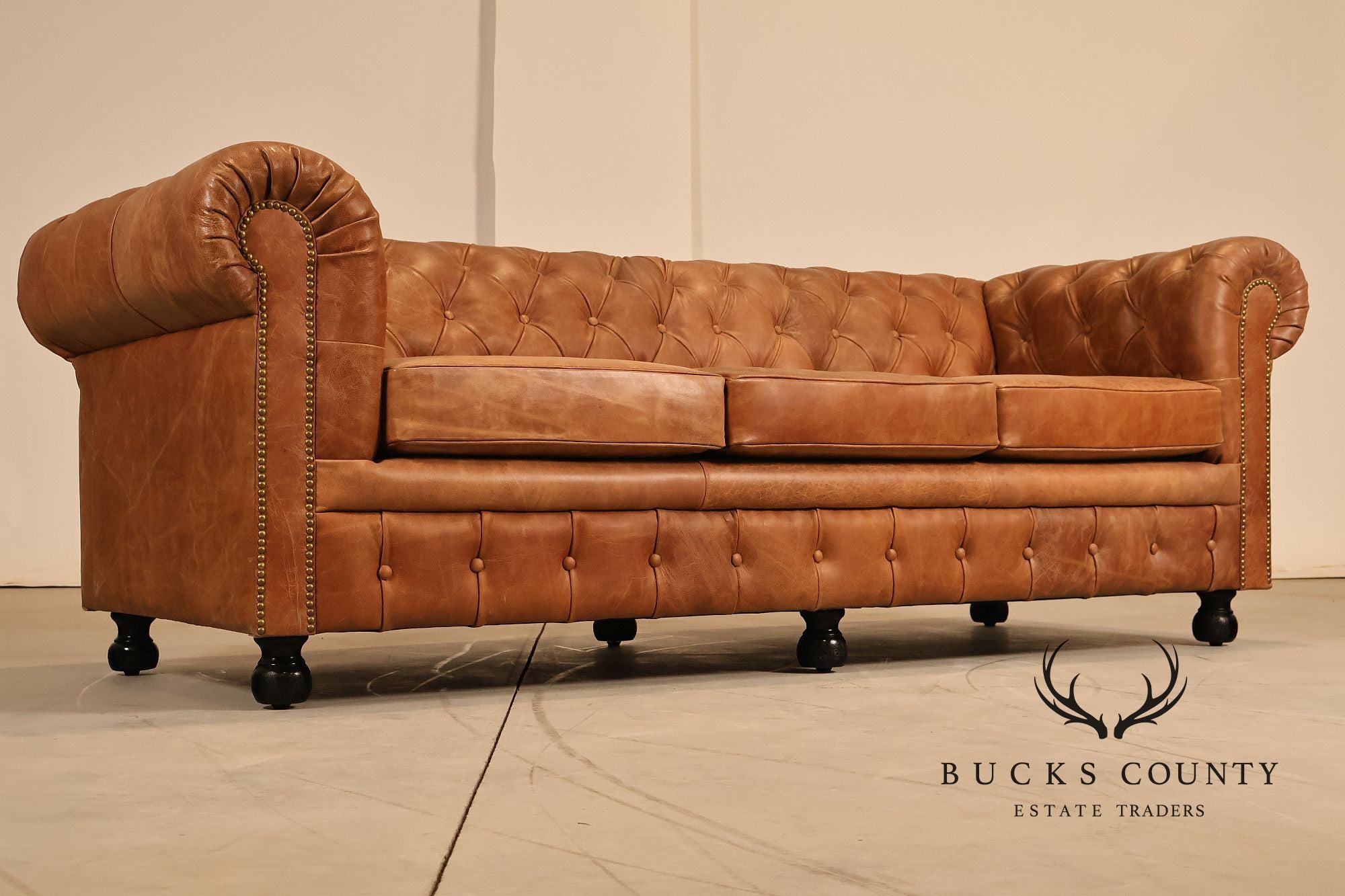 Chesterfield Style 7 Foot Distressed Brown Tufted Leather Sofa