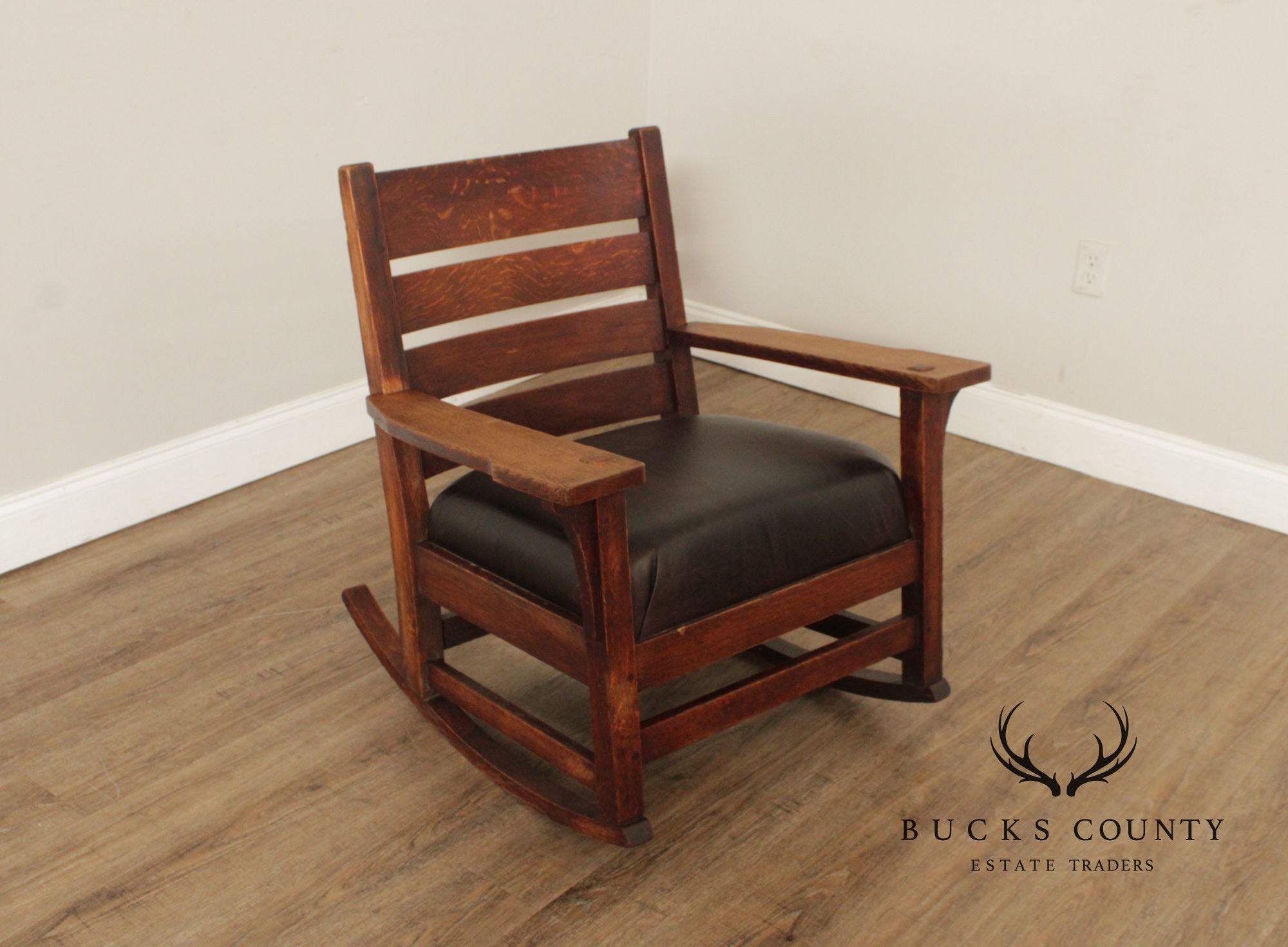 L & JG Stickley Antique Mission Oak and Leather Rocker