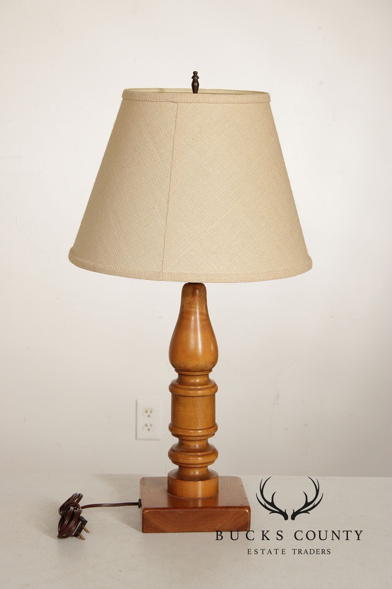 Colonial Revival Pair of Turned Cherry Wood Table Lamps