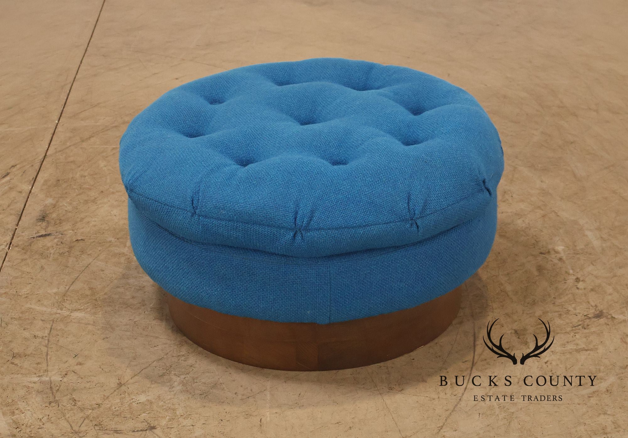 Vintage Schnadig Mid Century Modern Round Blue Upholstered Ottoman