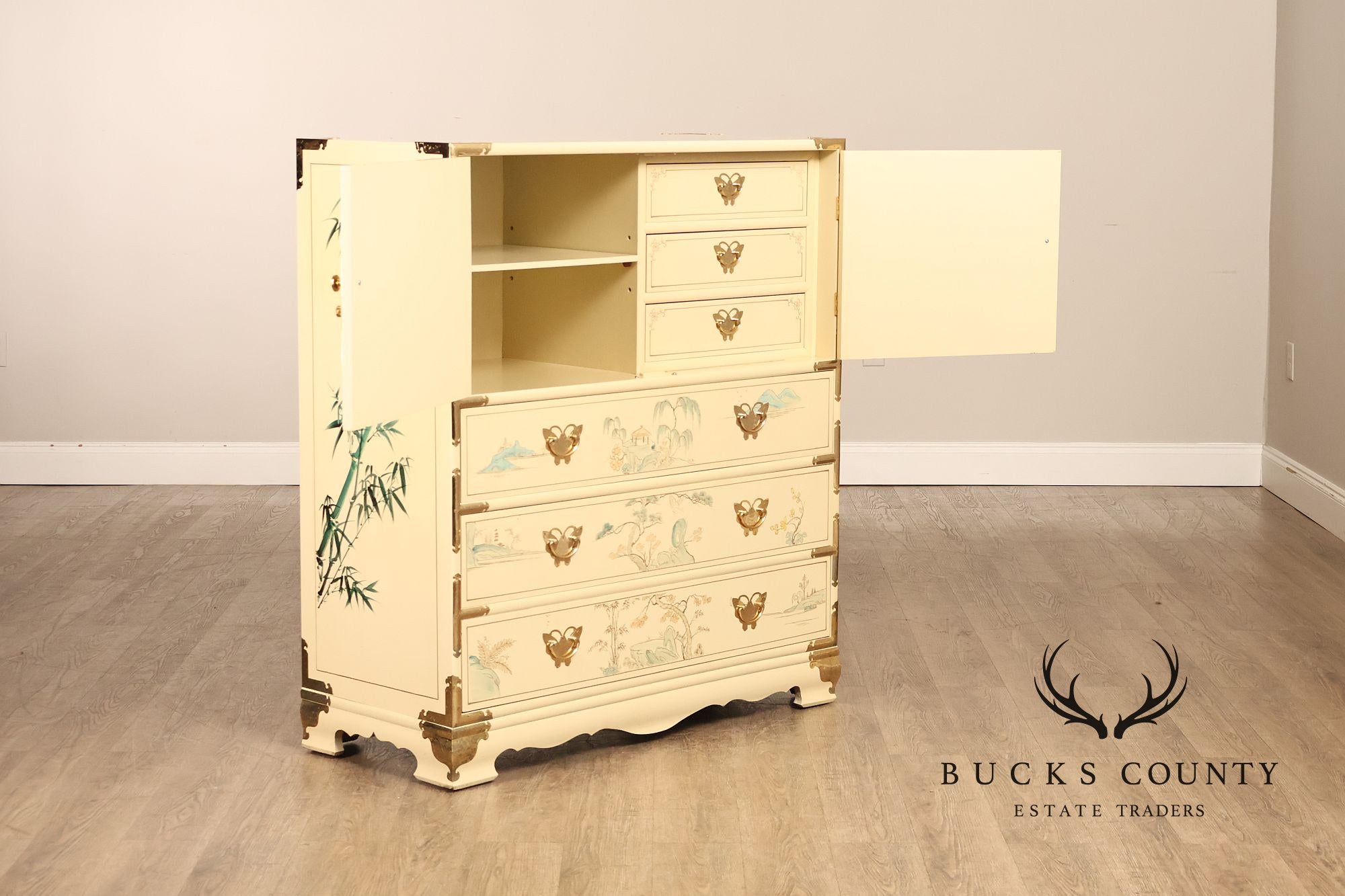 Chinoiserie Hand Painted Decorated Tall Chest