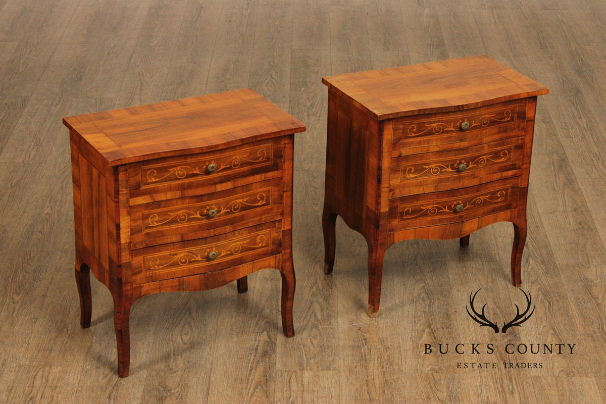 Antique Italian Inlaid Walnut Pair Of Bombe Commodes Or Nightstands