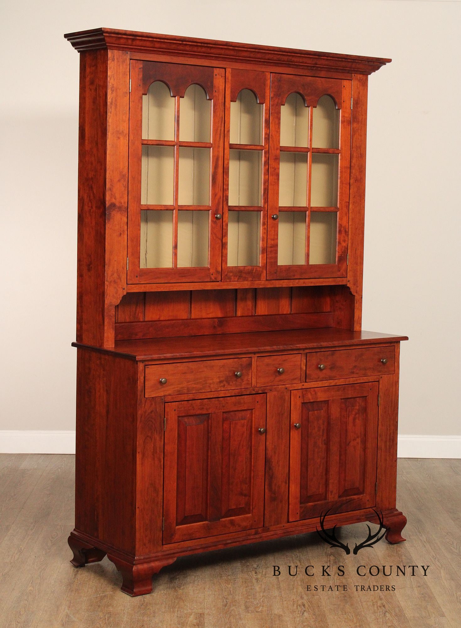 TWO PIECE BENCH-MADE CHERRY DISH CUPBOARD