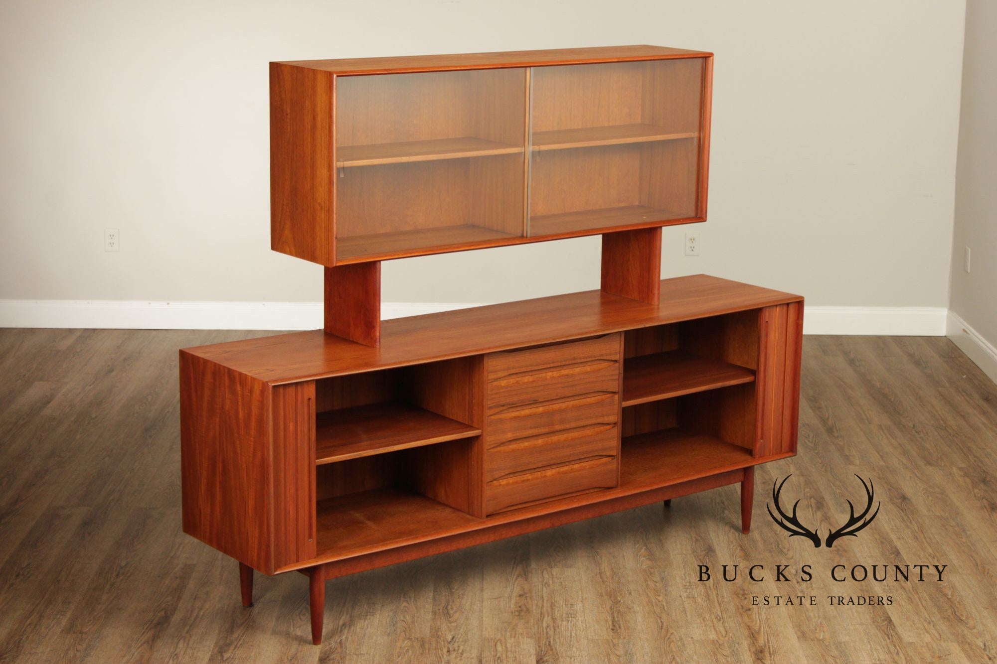 Danish Mid-Century Modern Teak Credenza With Floating Hutch
