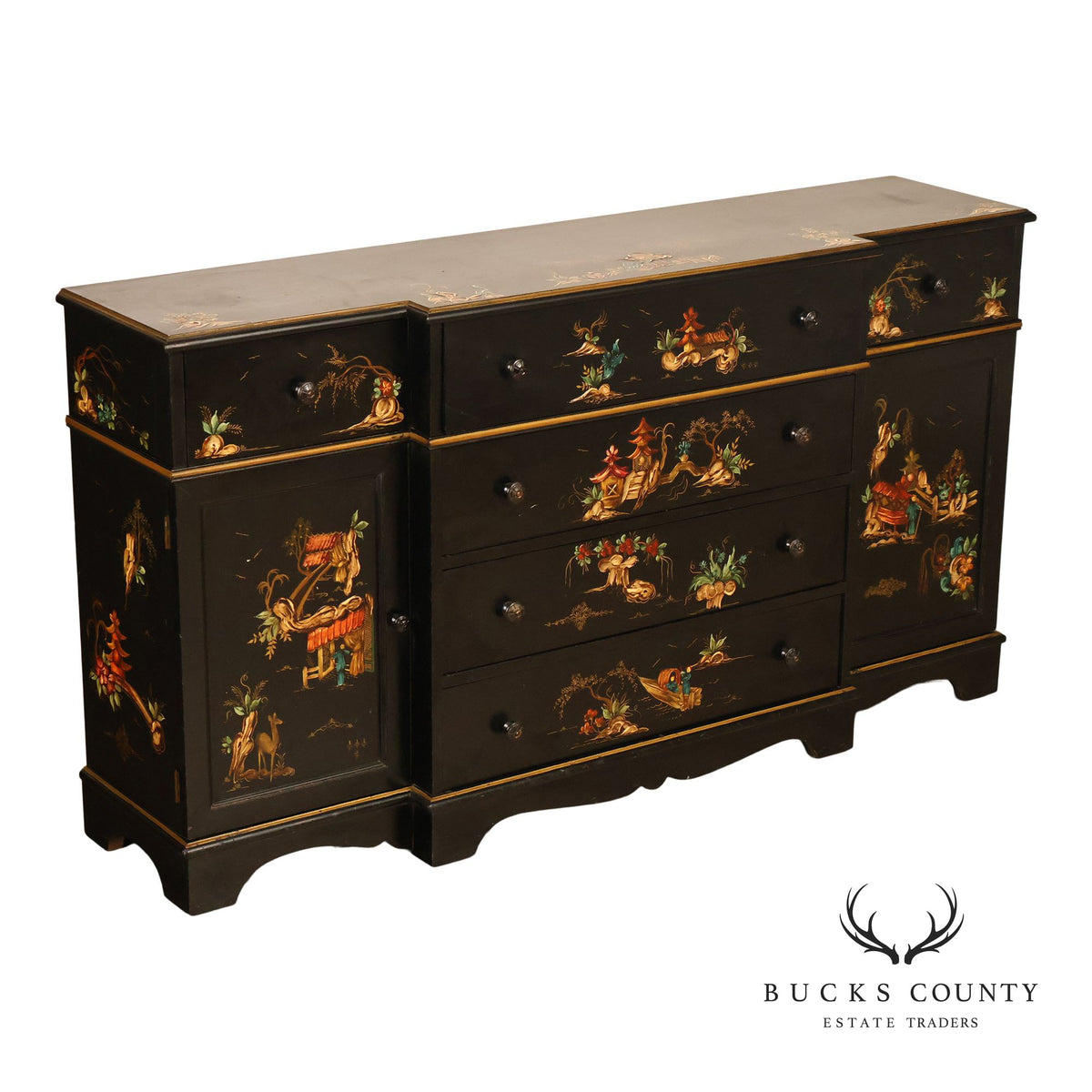 Chinoiserie Style Black Lacquer Hand Painted Sideboard With Hidden Secretary Desk