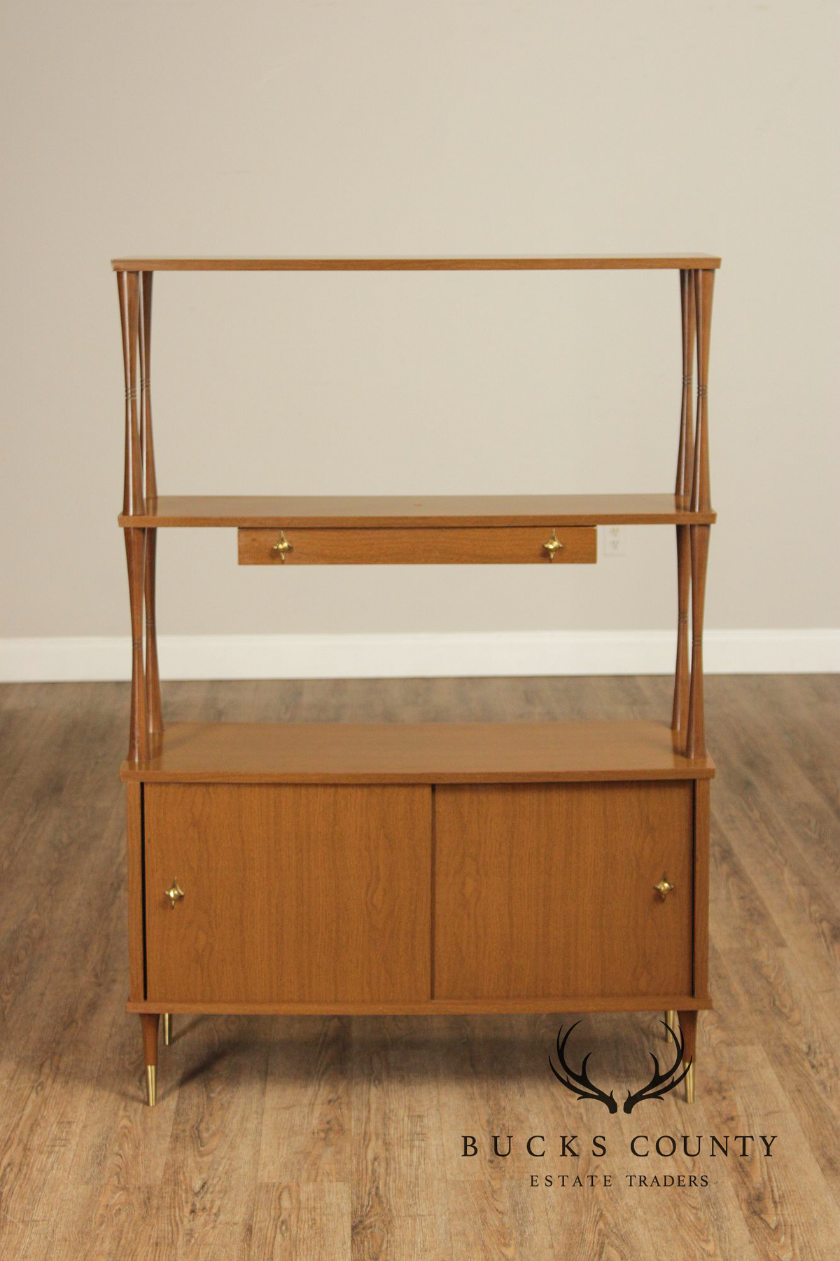 Mid Century Modern Walnut Room Divider Étagère With Brass Accents