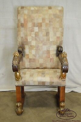 18th Century Italian Renaissance Patchwork Leather Partial Gilt Throne Chair