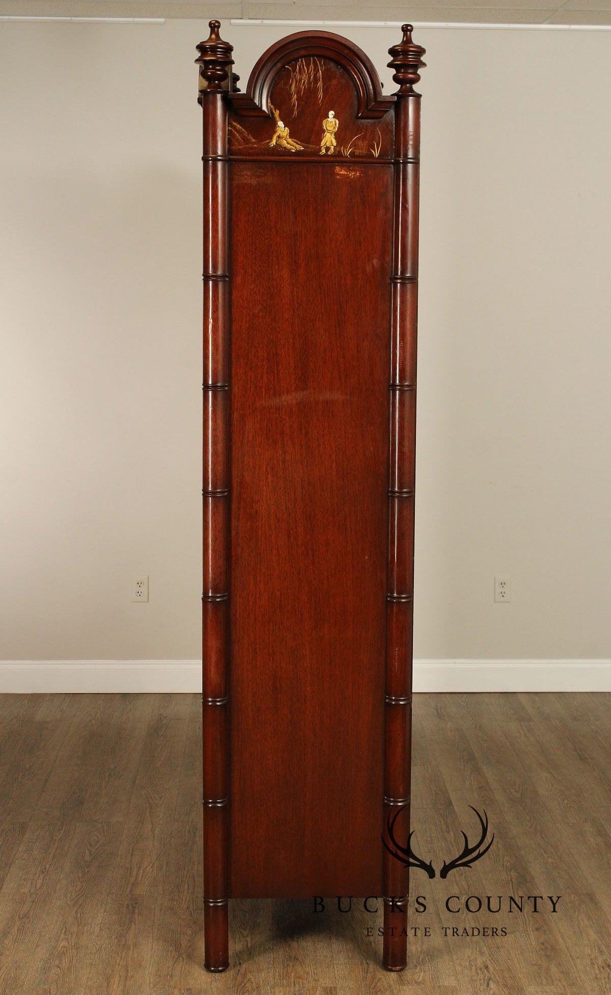 Chinoiserie Style Mahogany Gentleman's Armoire With Faux Bamboo Moldings and Painted Panels