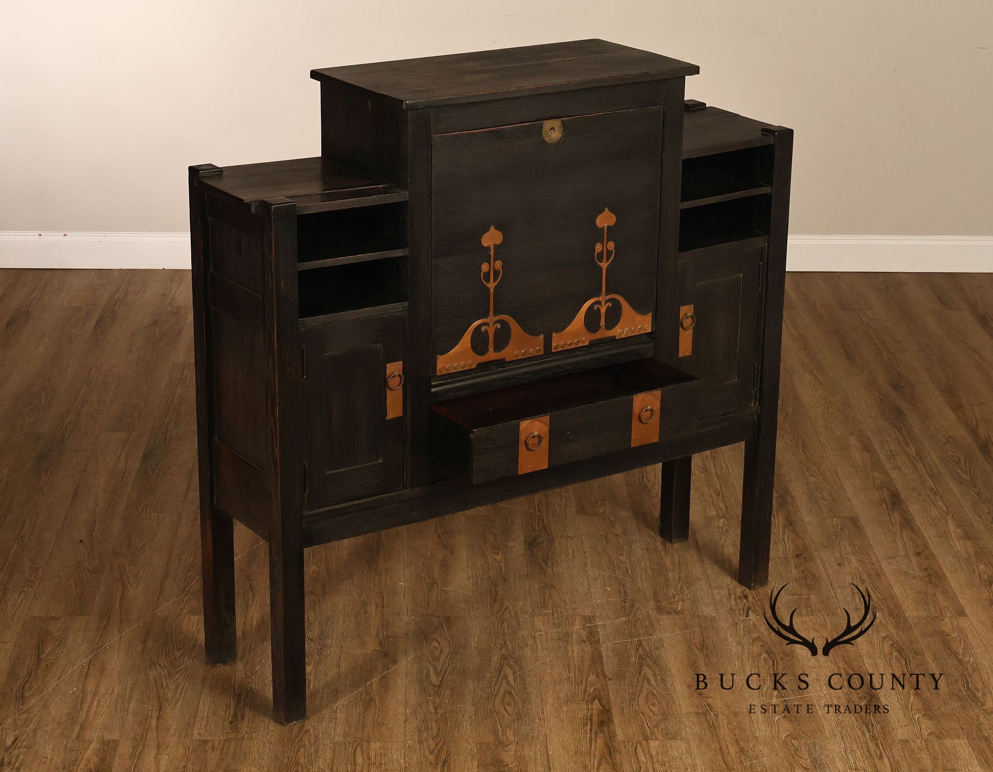 Antique Stickley Brothers Model 6508 Arts And Crafts Oak House Desk With Copper Trimmings