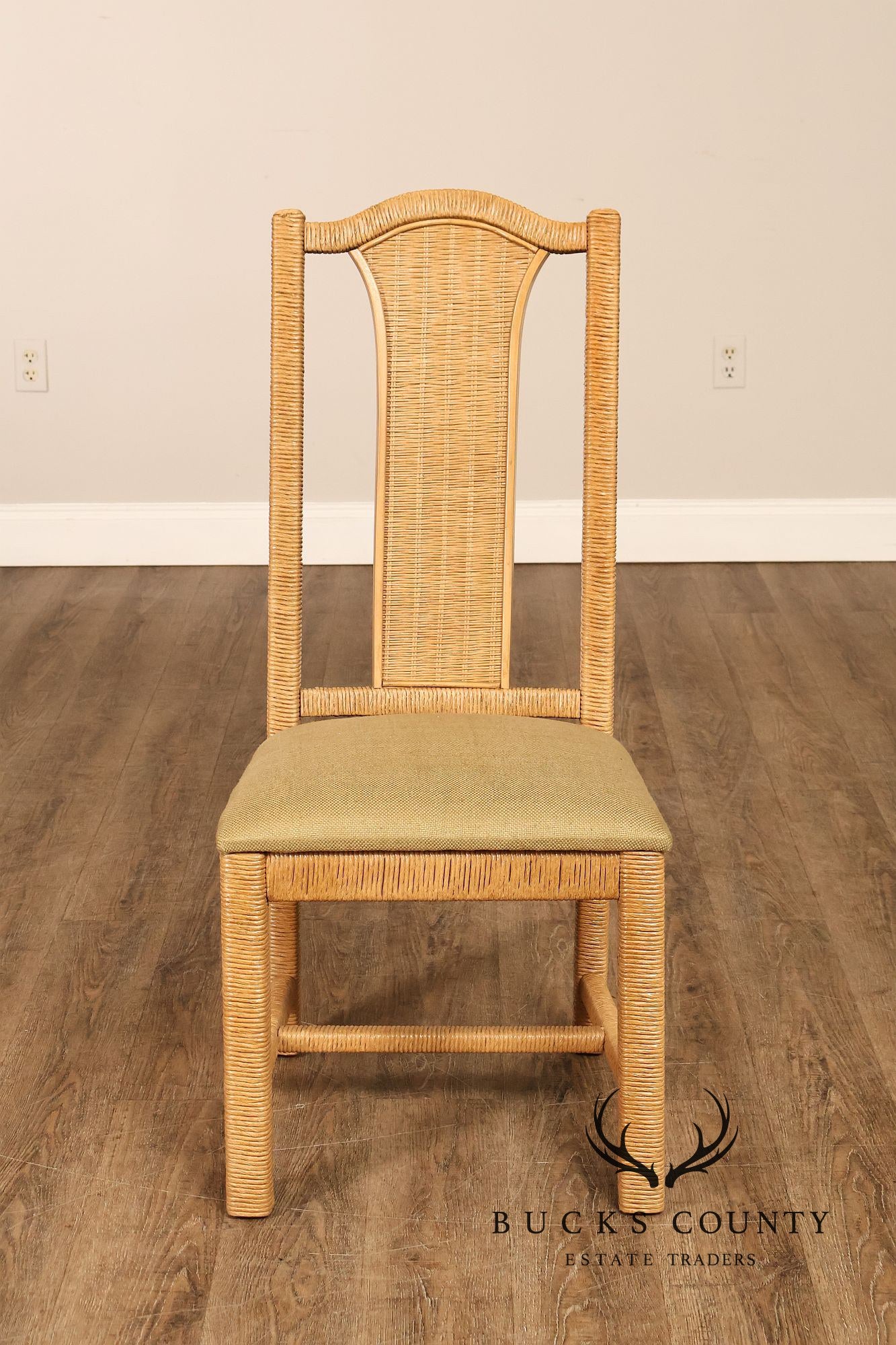 Vintage Wicker Set Of Six Dining Chairs With Upholstered Seats