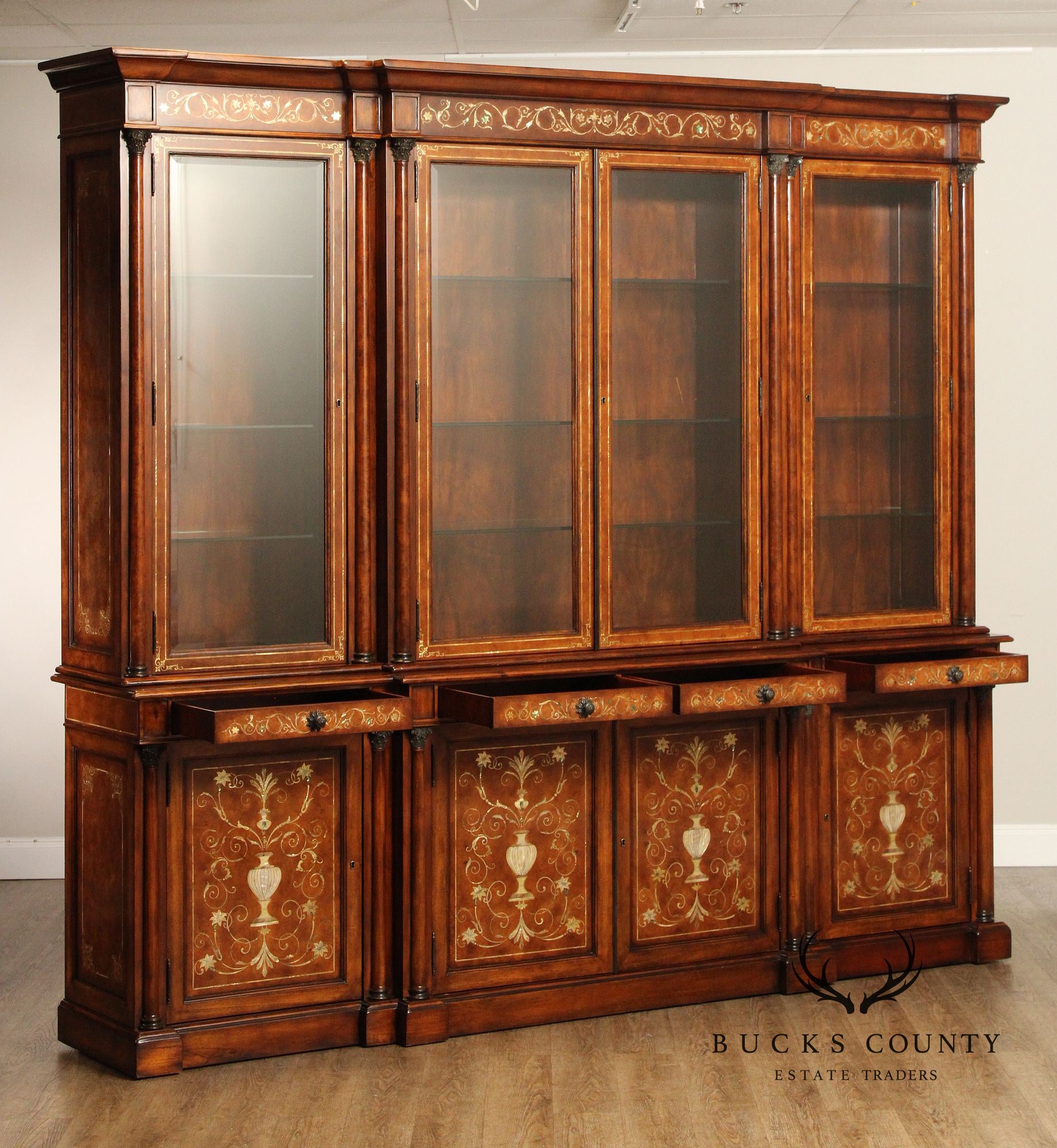 Theodore Alexander Monumental Inlaid Mahogany Breakfront Bookcase