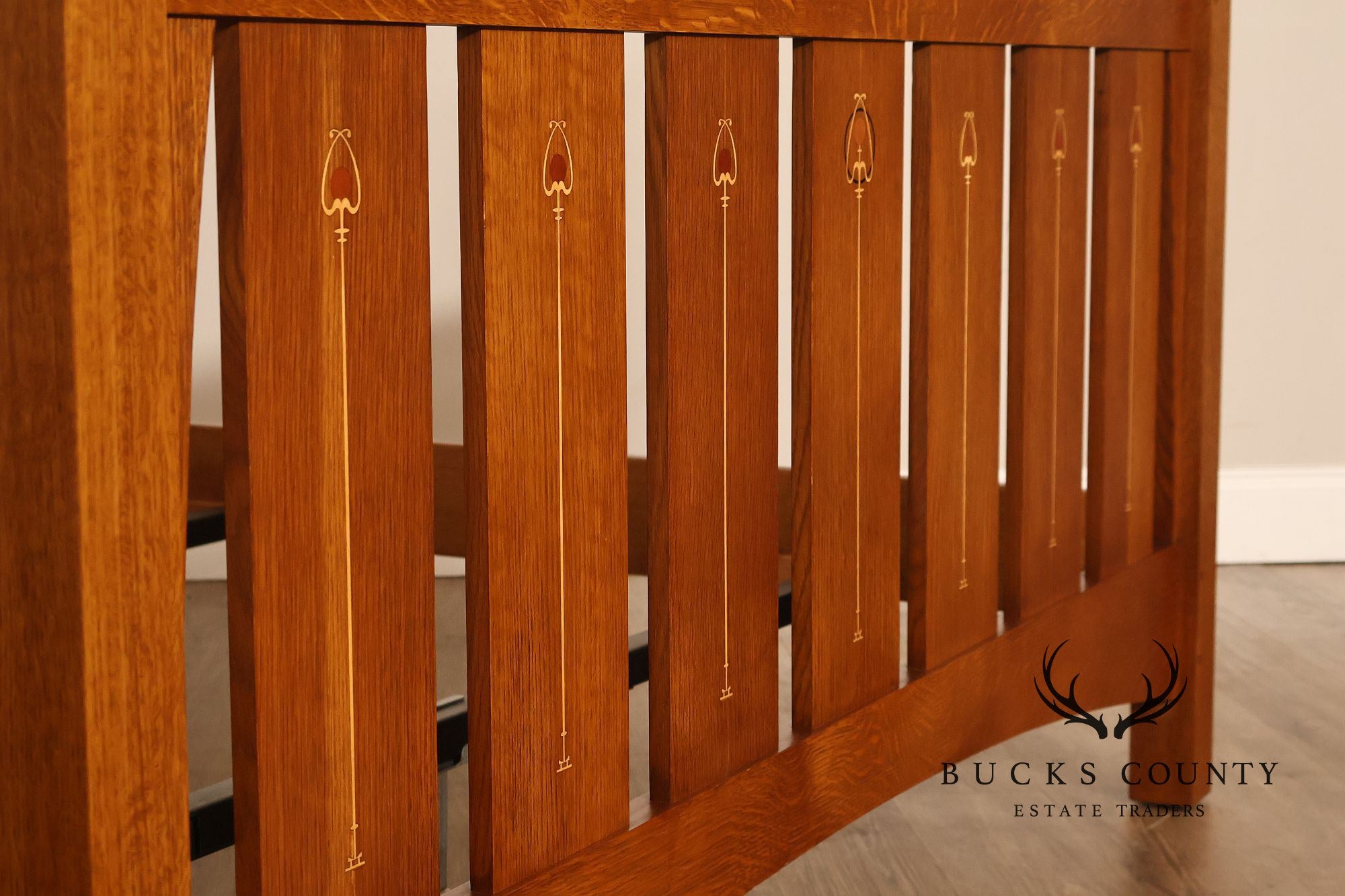 Stickley Mission Collection Harvey Ellis Inlaid Oak Queen Bed