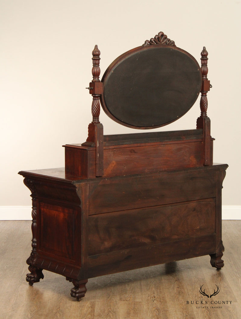 American Victorian Carved Mahogany Dresser With Mirror
