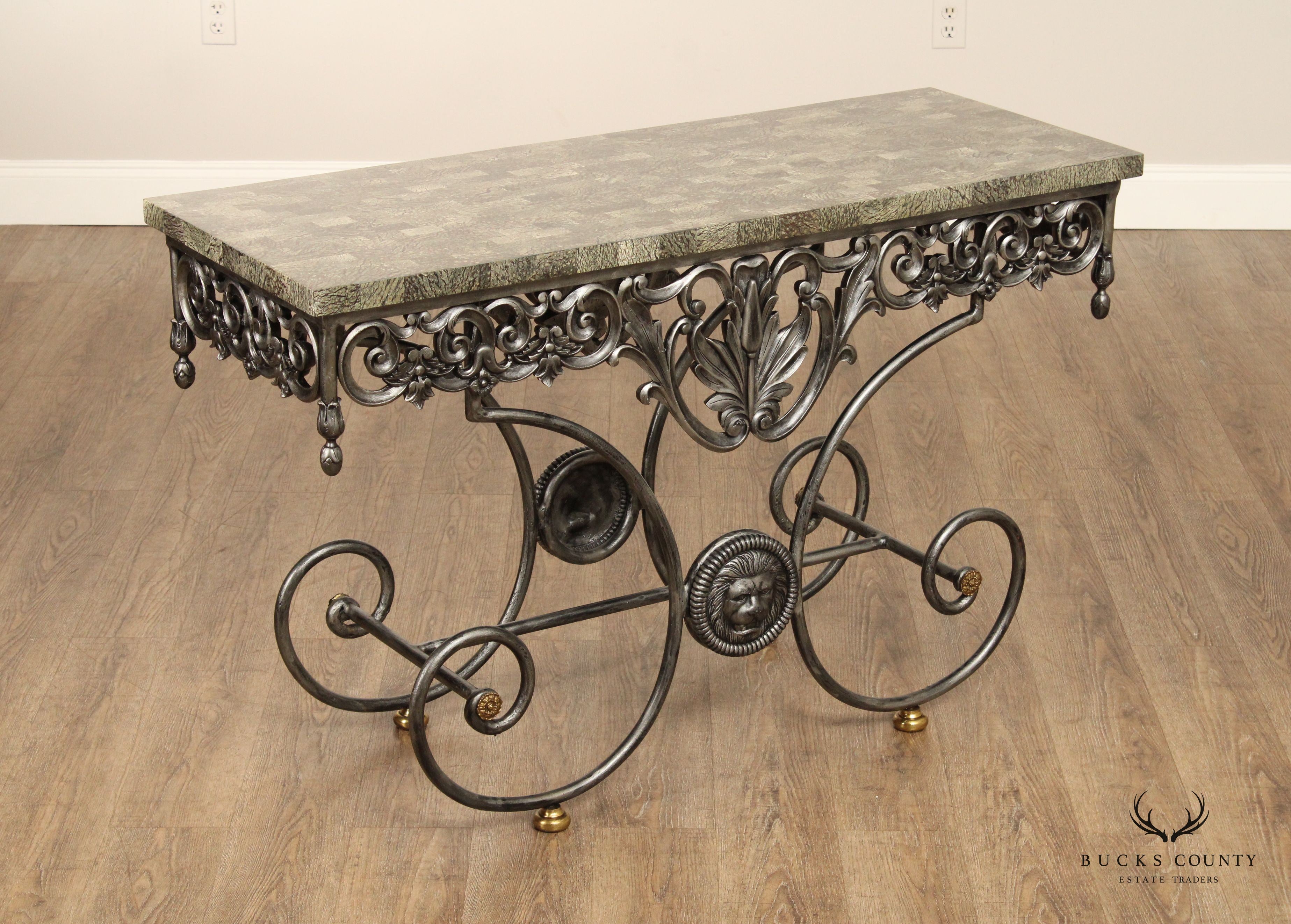 Maitland Smith Italian Regency Style Wrought Iron Stone Top Console Table