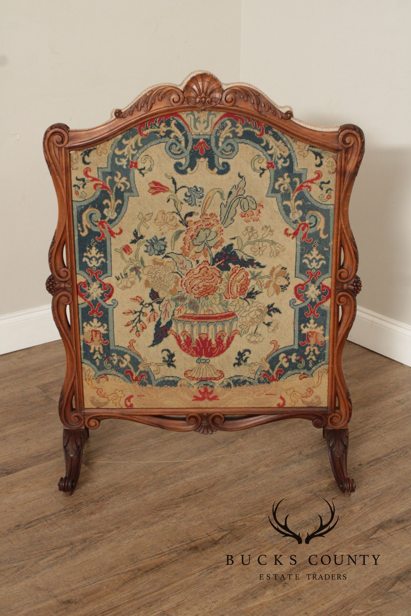 Antique French Louis XVI Style Walnut And Needlepoint Fireplace Screen