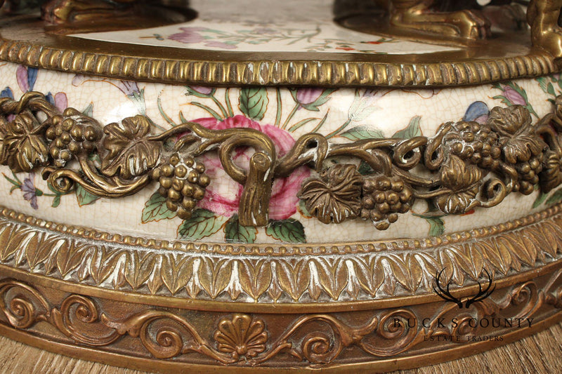 Wong Lee Antiqued Gilt Bronze Footed Porcelain Urn