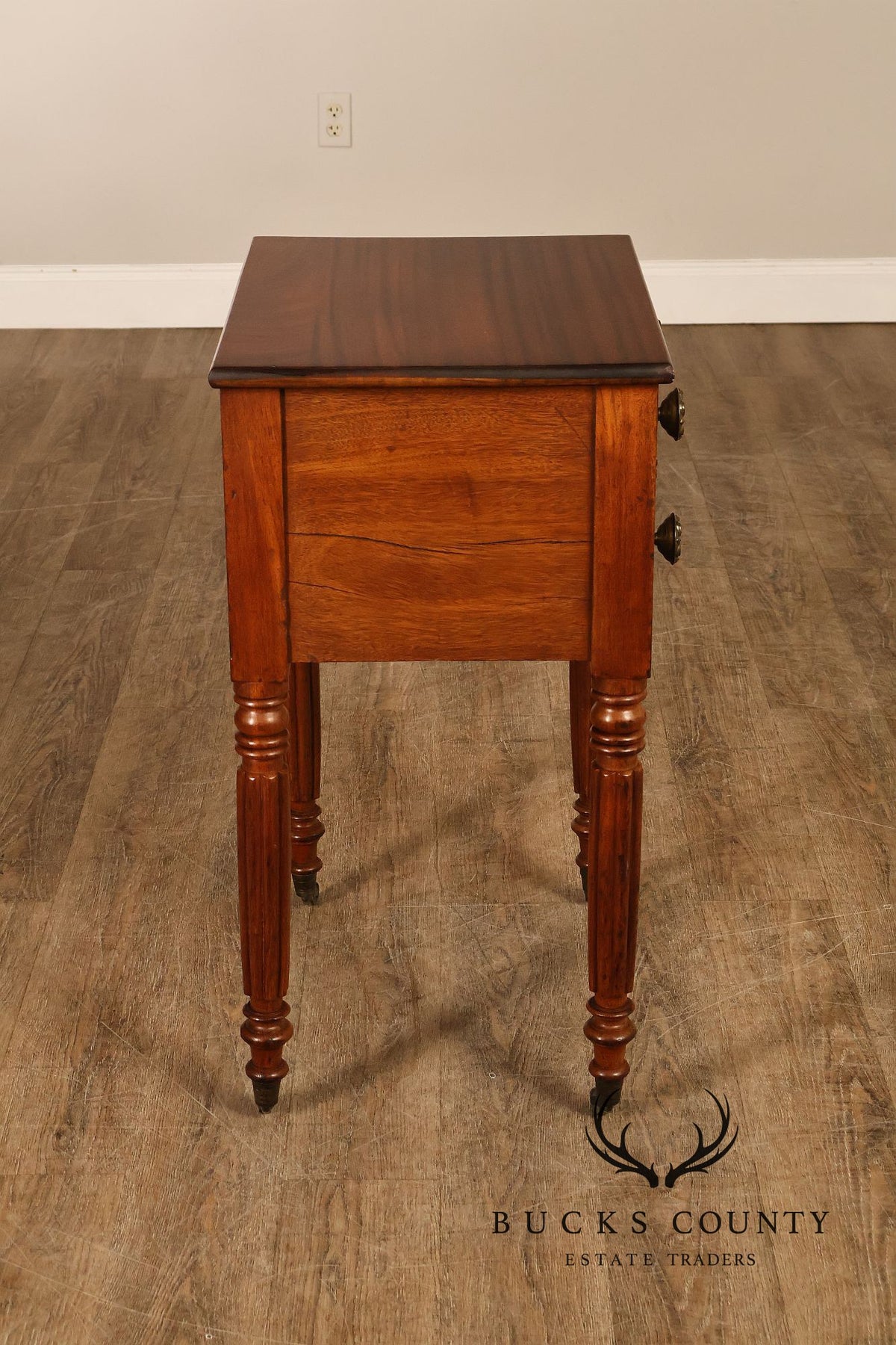 Antique American Sheraton Mahogany Two Drawer Work Table On Casters