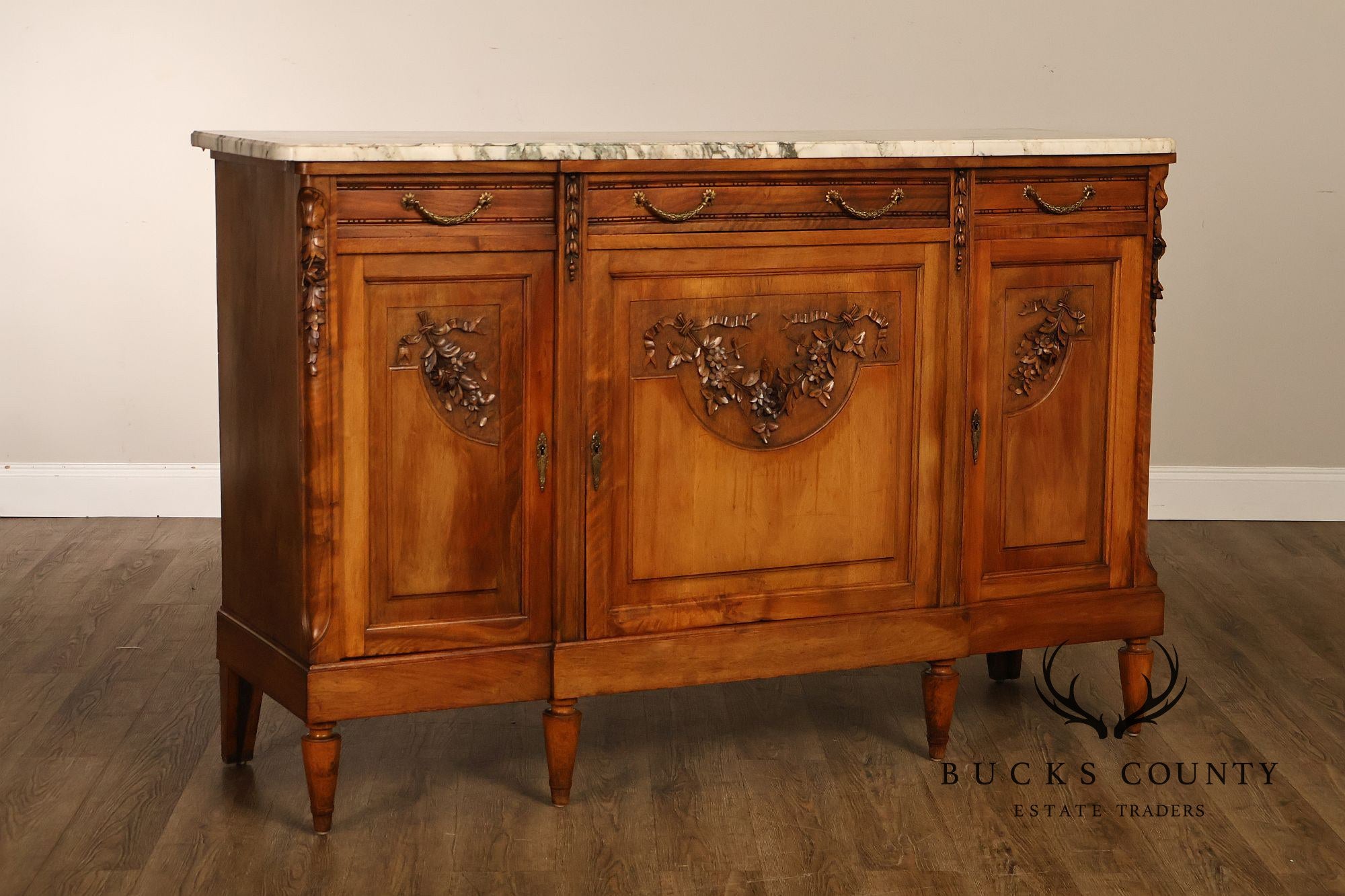 Antique French Louis XVI Style Carved Walnut Marble Top Buffet Sideboard