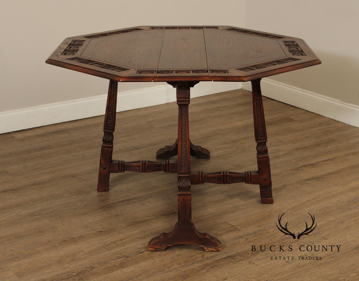 Rom Weber Viking Jacobean Style Carved Oak Drop-Leaf Table