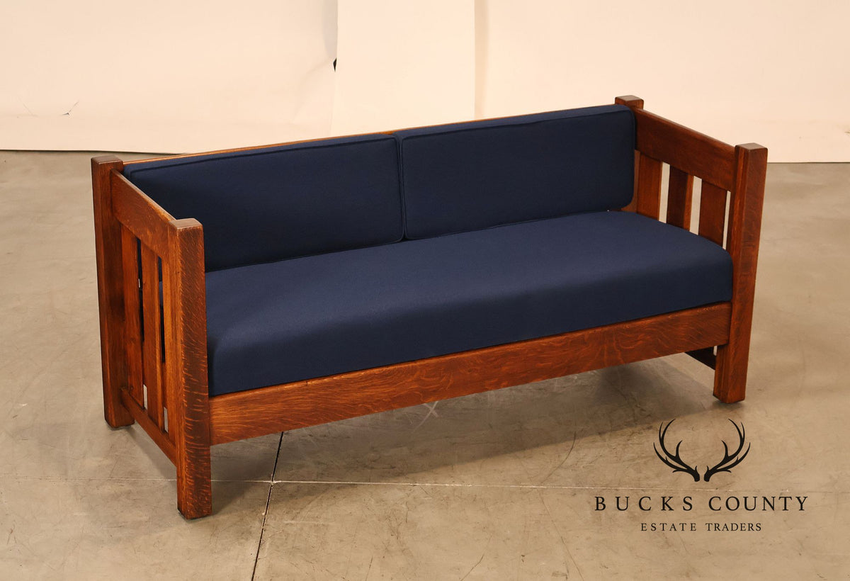 Phoenix Mission Style Quarter Sawn Oak Plank Sofa With Blue Cushions