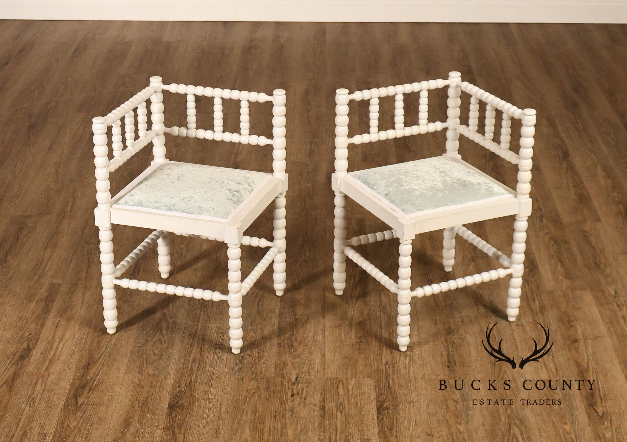 Vintage Pair of White Painted Bobbin Turned Corner Chairs