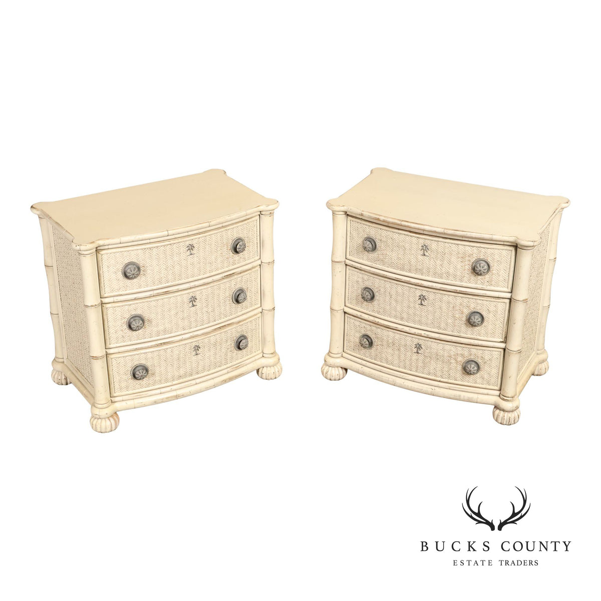 Pair Of Tommy Bahama By Lexington Painted Woven Rattan Three Drawer Nightstands