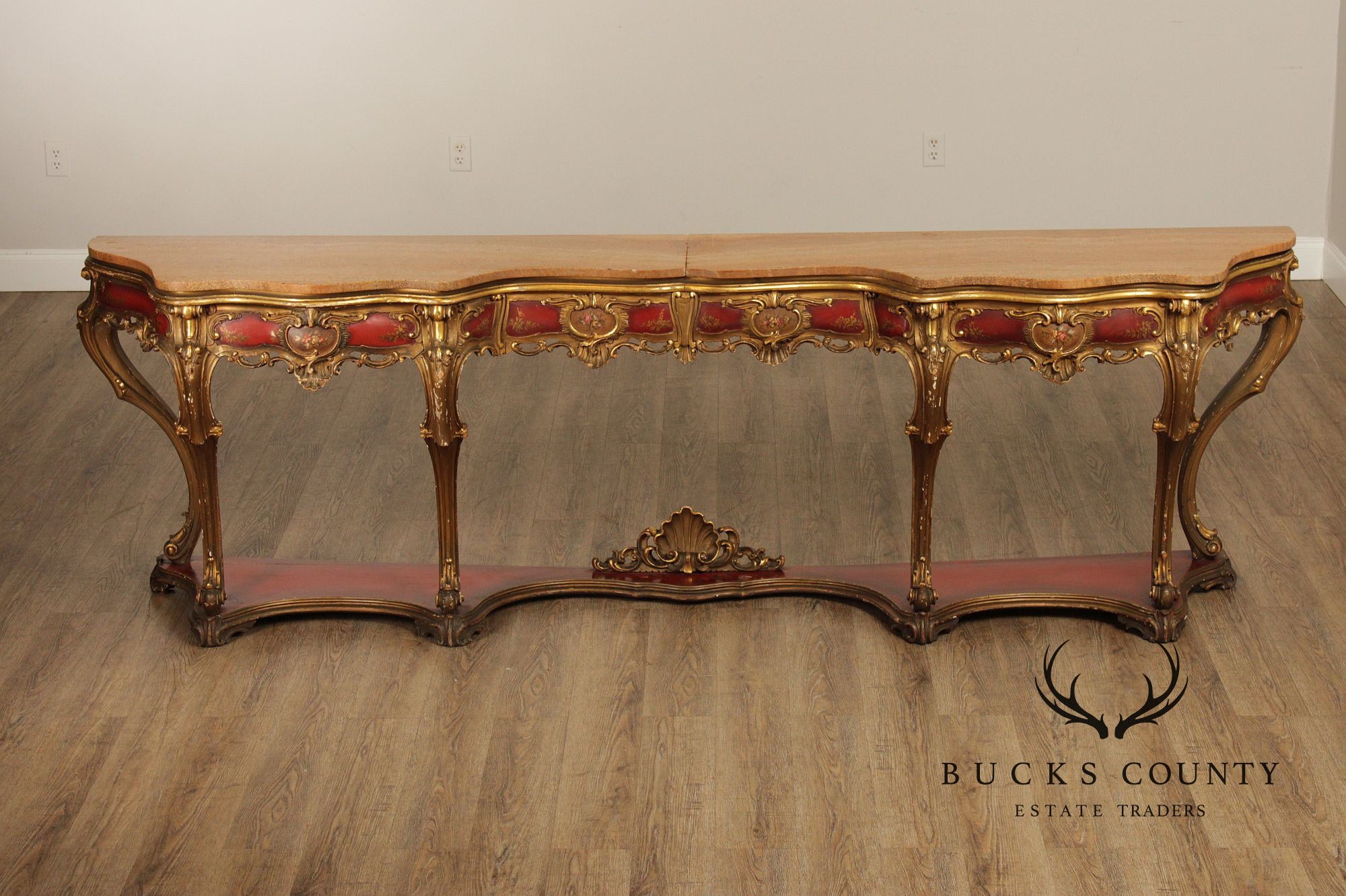 Italian Rococo Style Long Marble Top Console Table