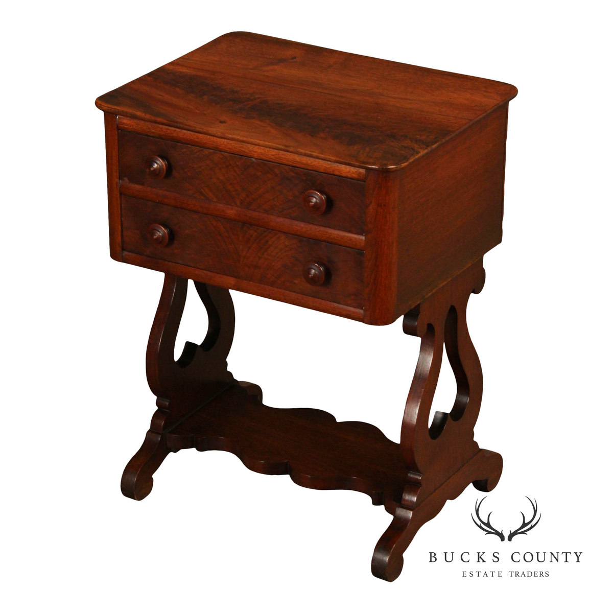 Antique American Empire Mahogany Lyre Form Two-Drawer Work Table
