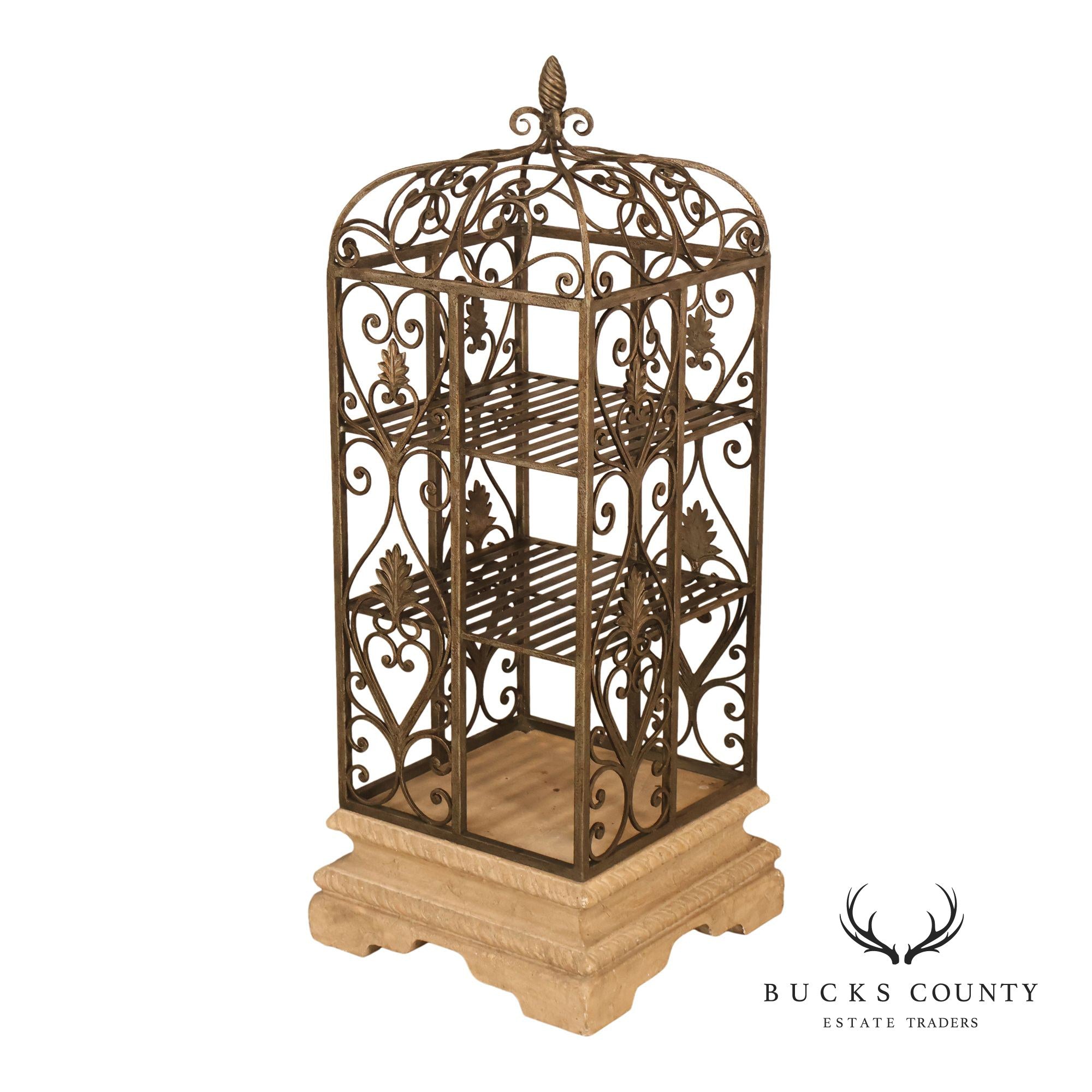 French Baroque Style Wrought Iron Scrollwork Birdcage Etagere Display Shelf