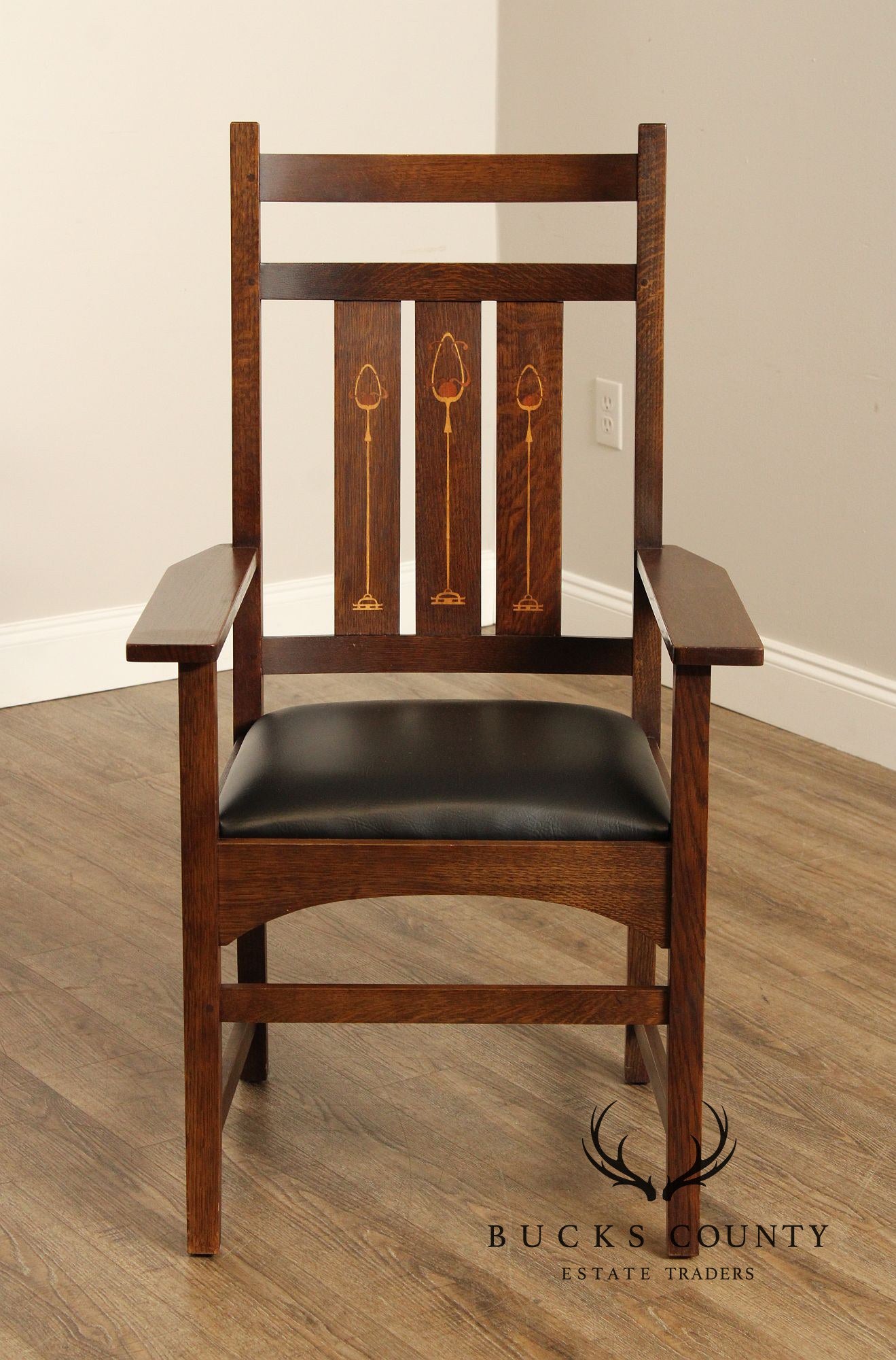 Stickley Mission Collection Set of Four Harvey Ellis Inlaid Oak Dining Chairs