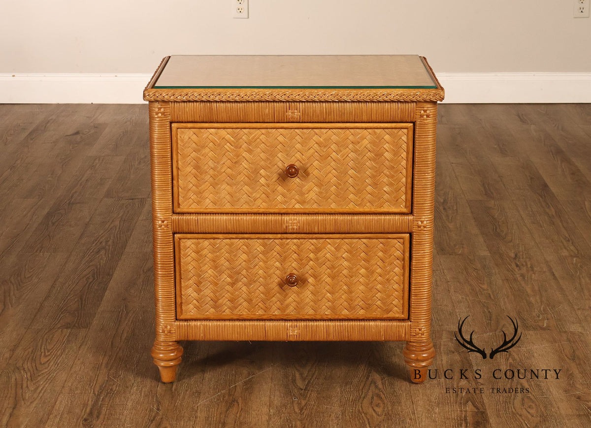 Coastal Style Pair Of Wicker And Cane Two Drawer Nightstands With Glass Tops