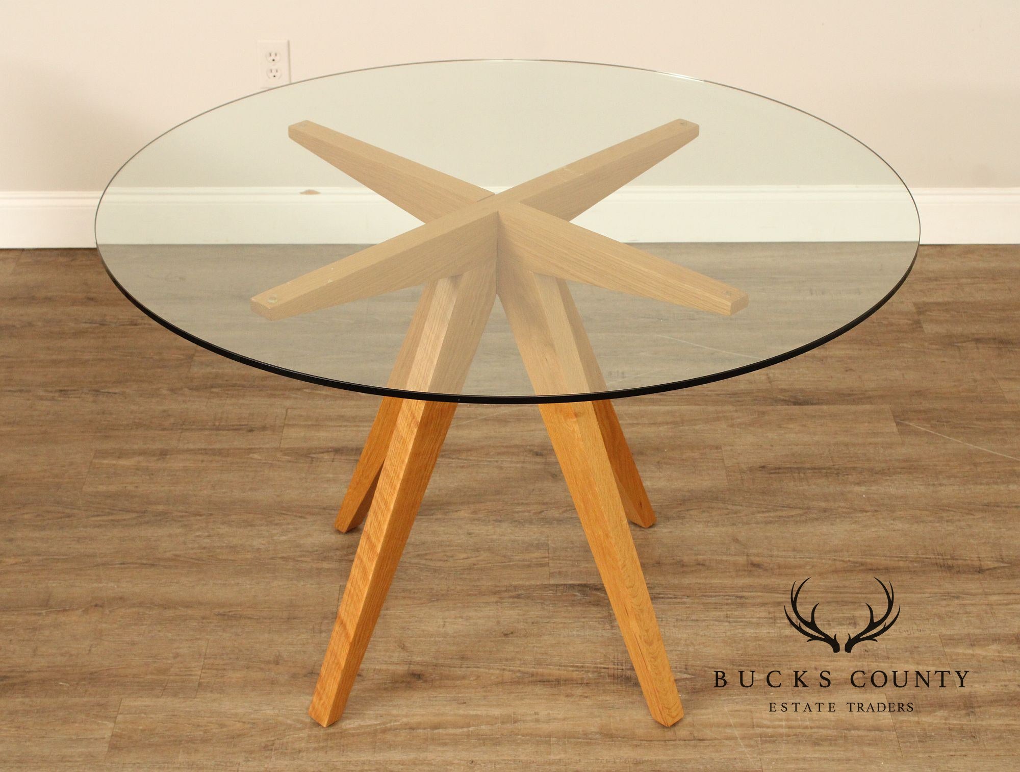 Mid Century Modern Style Glass Top Oak Dining Table