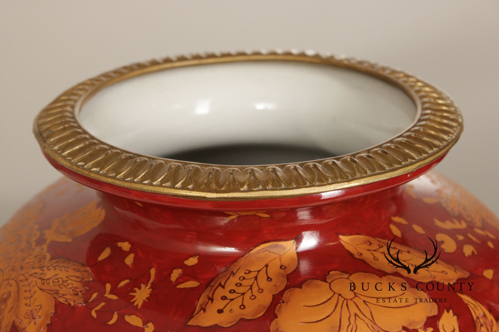 Asian Style Pair of Brass Mounted Ginger Jar Porcelain Urns