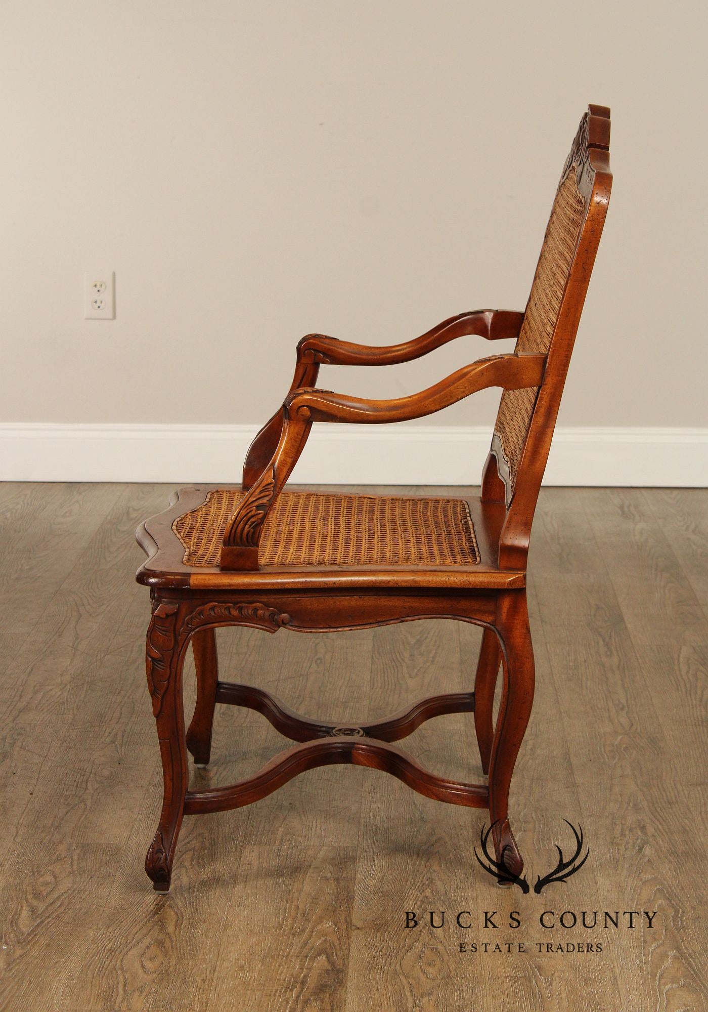 French Louis XV Style Carved Mahogany and Cane Armchair