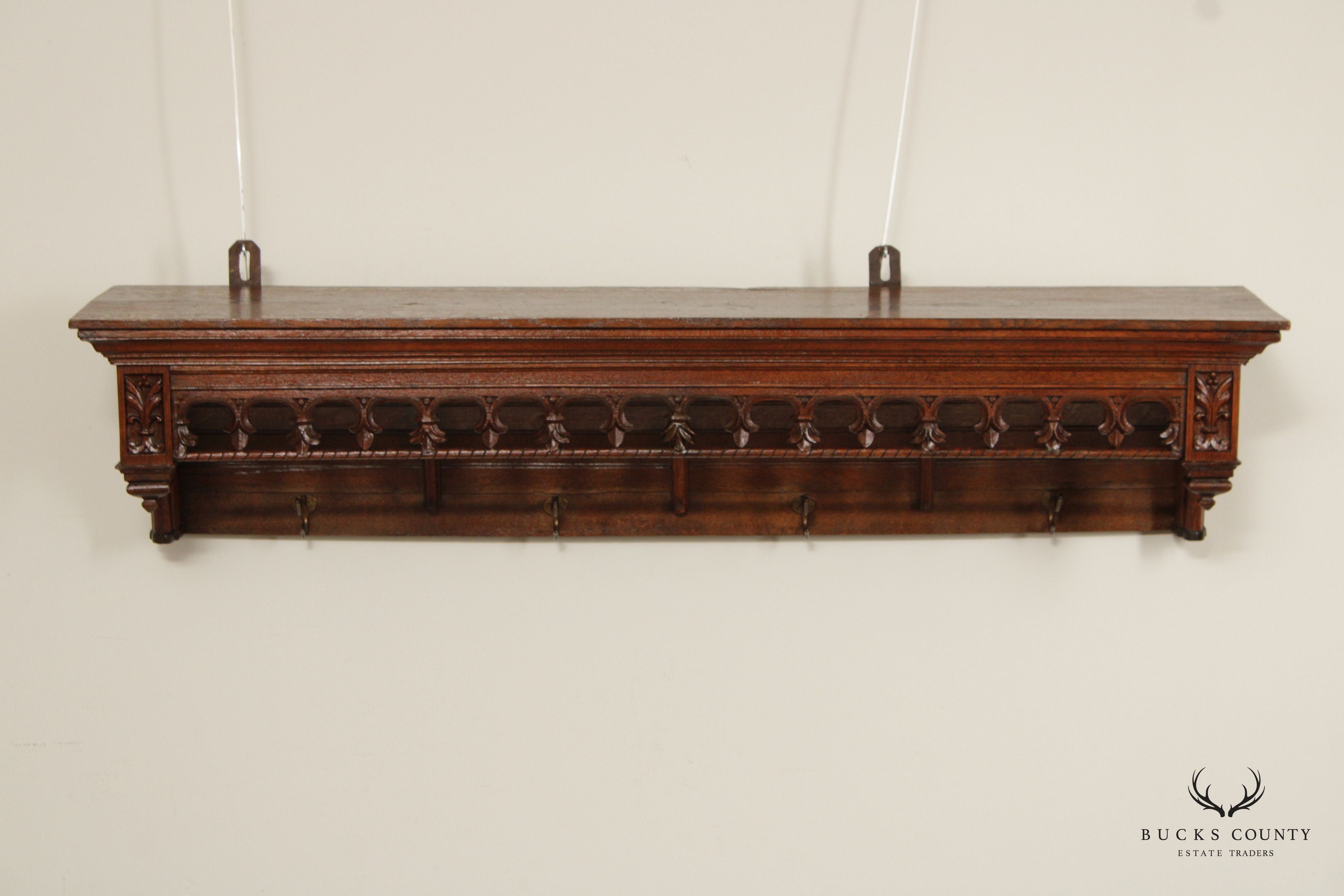 Antique French Gothic Revival Carved Oak Coat Rack Wall Shelf