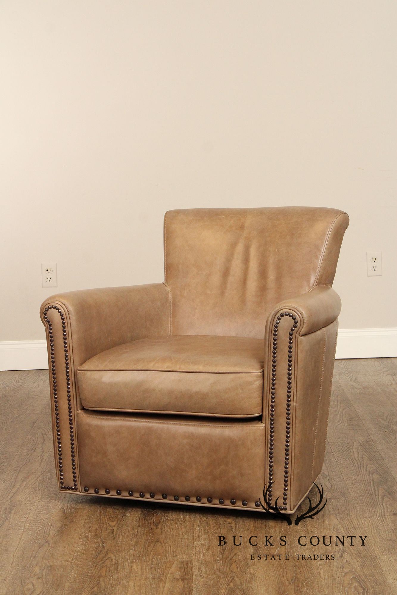 Pottery Barn Pair Of Leather Irving Roll Arm Swivel Chairs