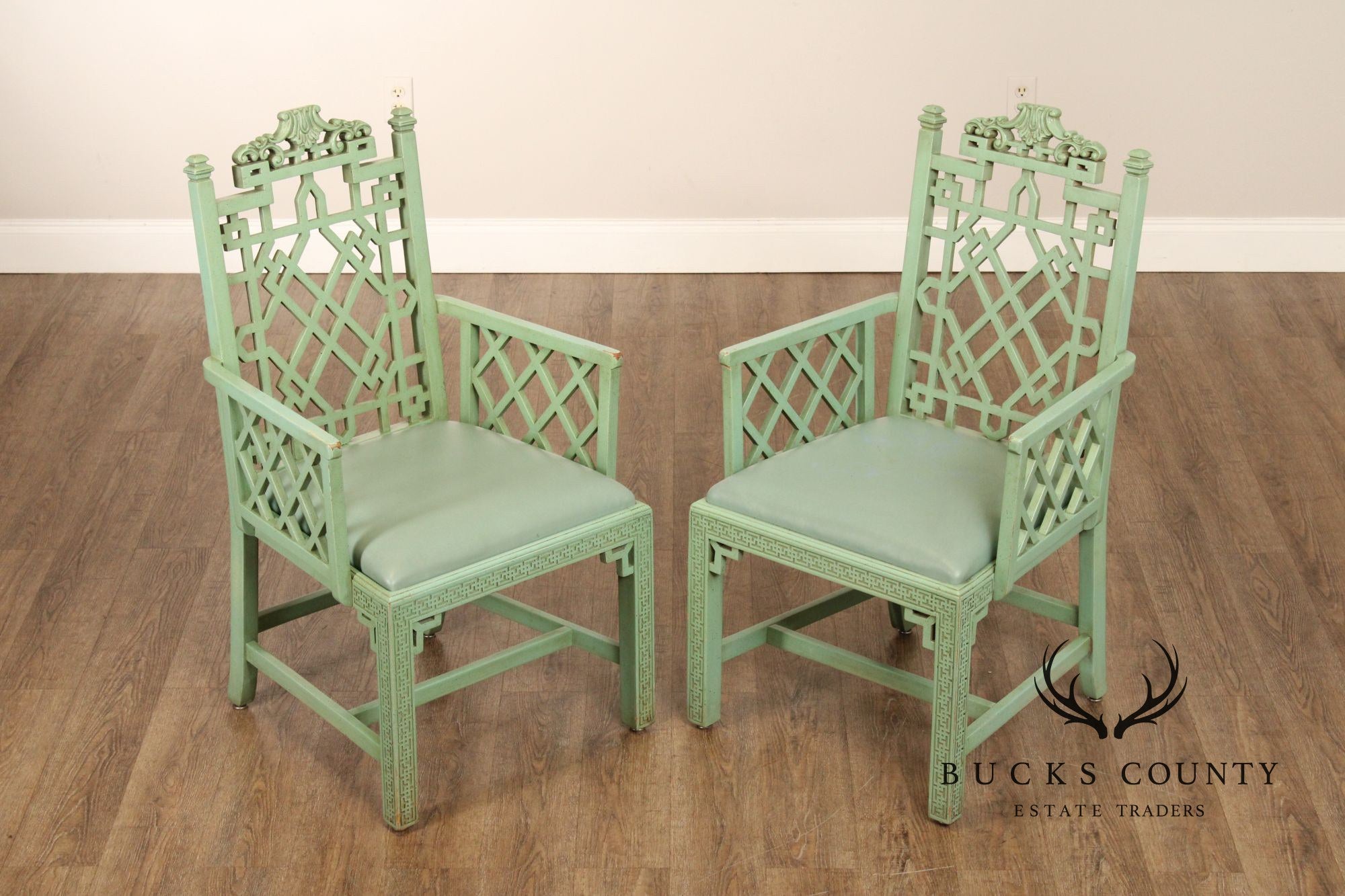 Chinese Chippendale Style Pair Painted  Fretwork Armchairs
