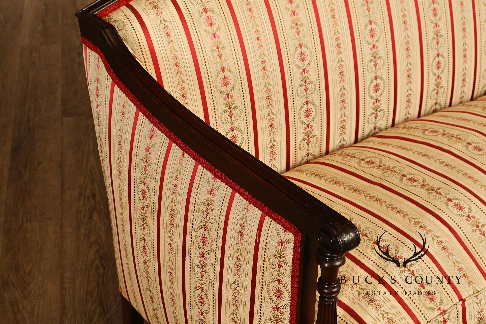 Vintage Sheraton Style Mahogany Inlaid Upholstered Loveseat