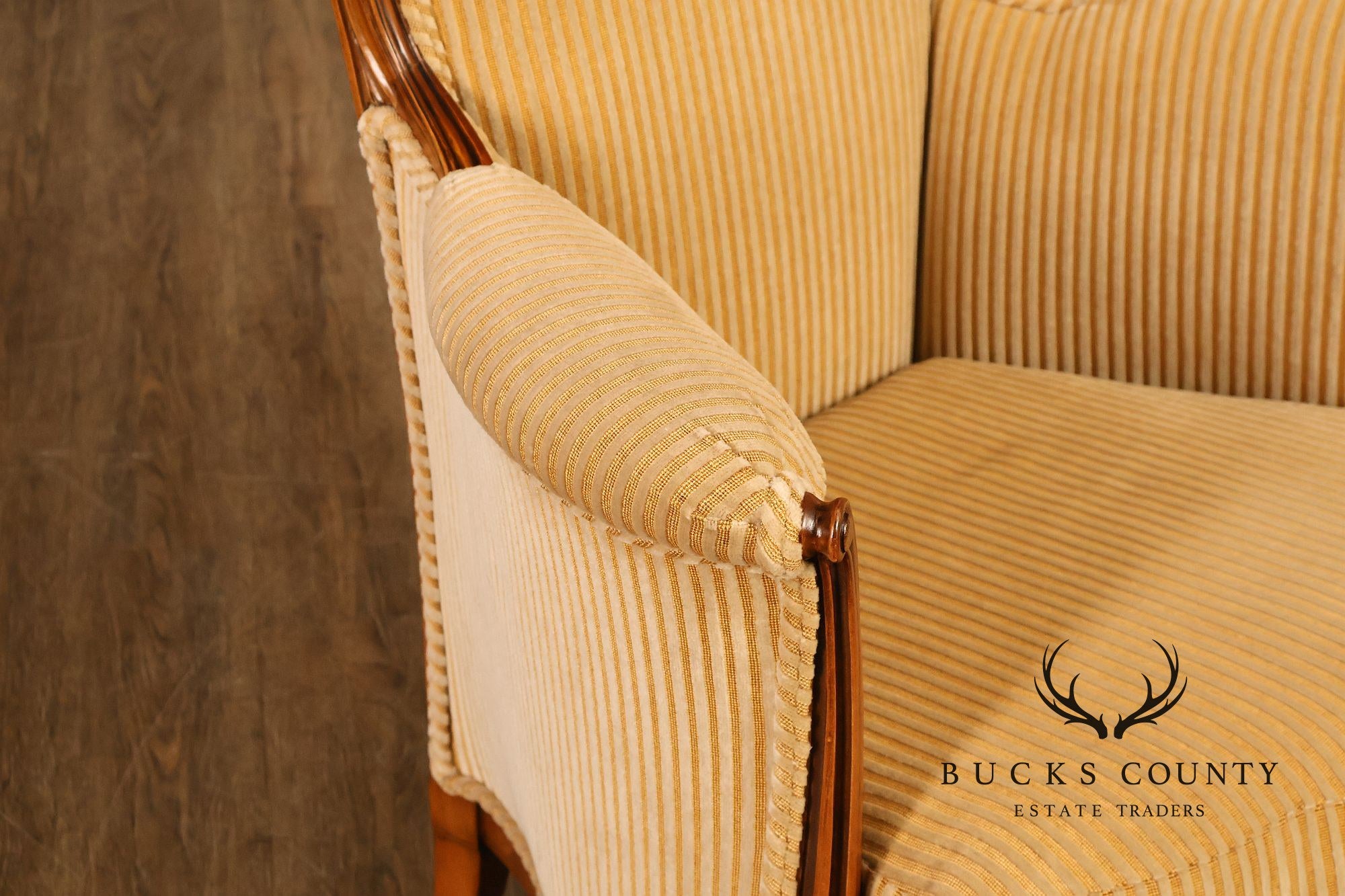 Medea Furniture Pair of  Louis XVI Style Carved Bergere Armchairs With Gold Striped Velvet Upholstery