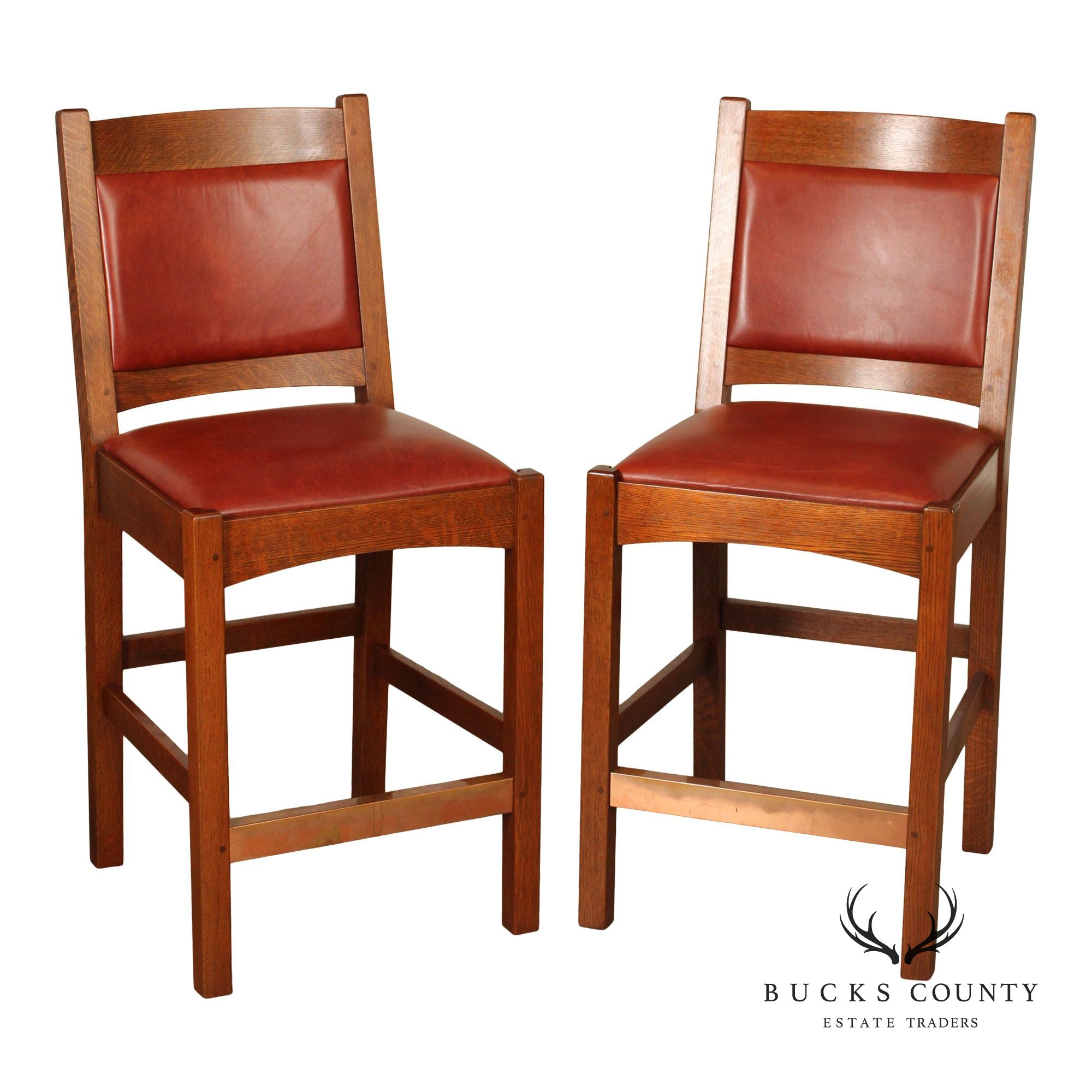 Stickley Mission Collection Pair of Oak And Leather Counter Stools