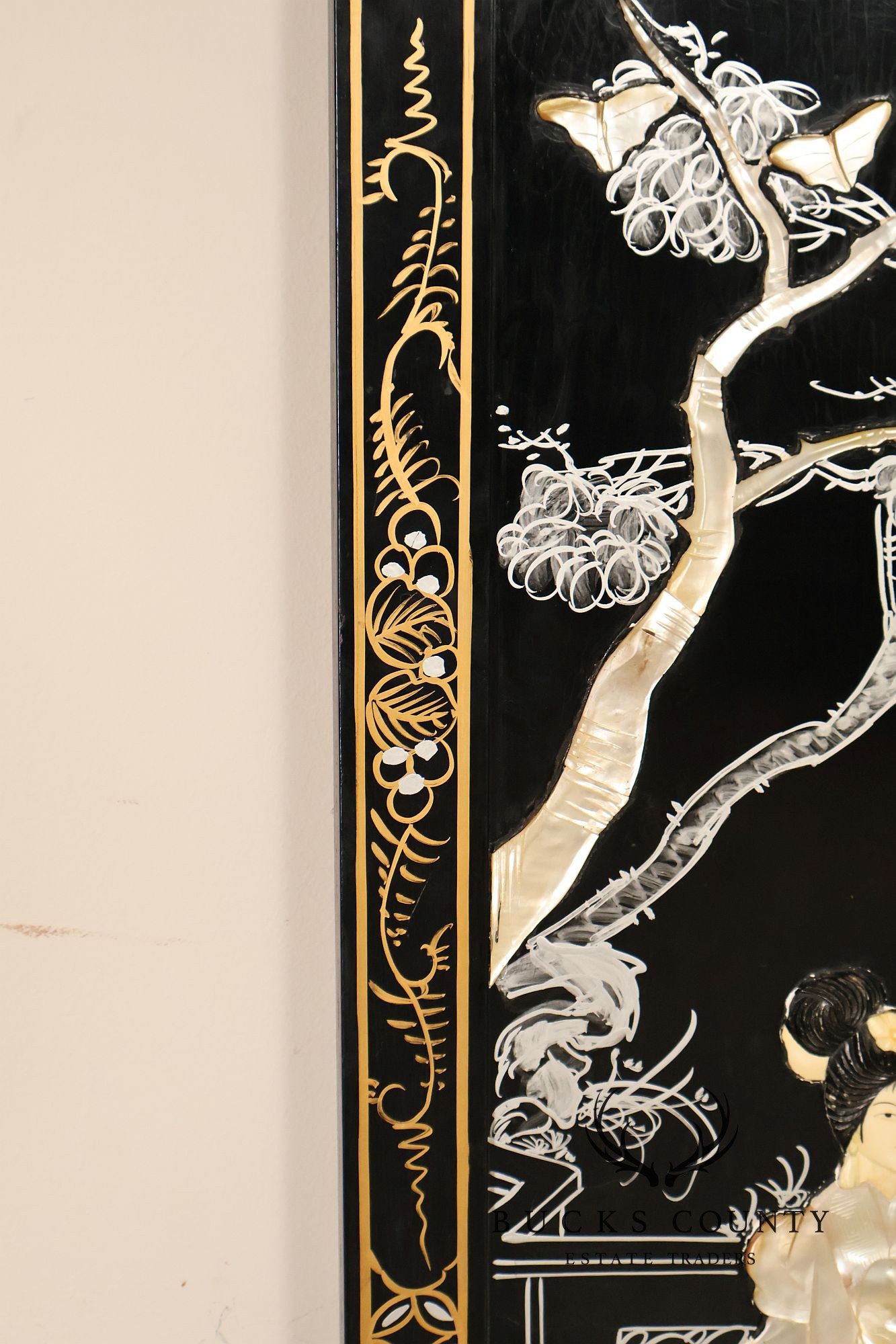 Asian Black Lacquer Vintage Pair Of Four Panel Folding Screens With Mother Of Pearl Inlay