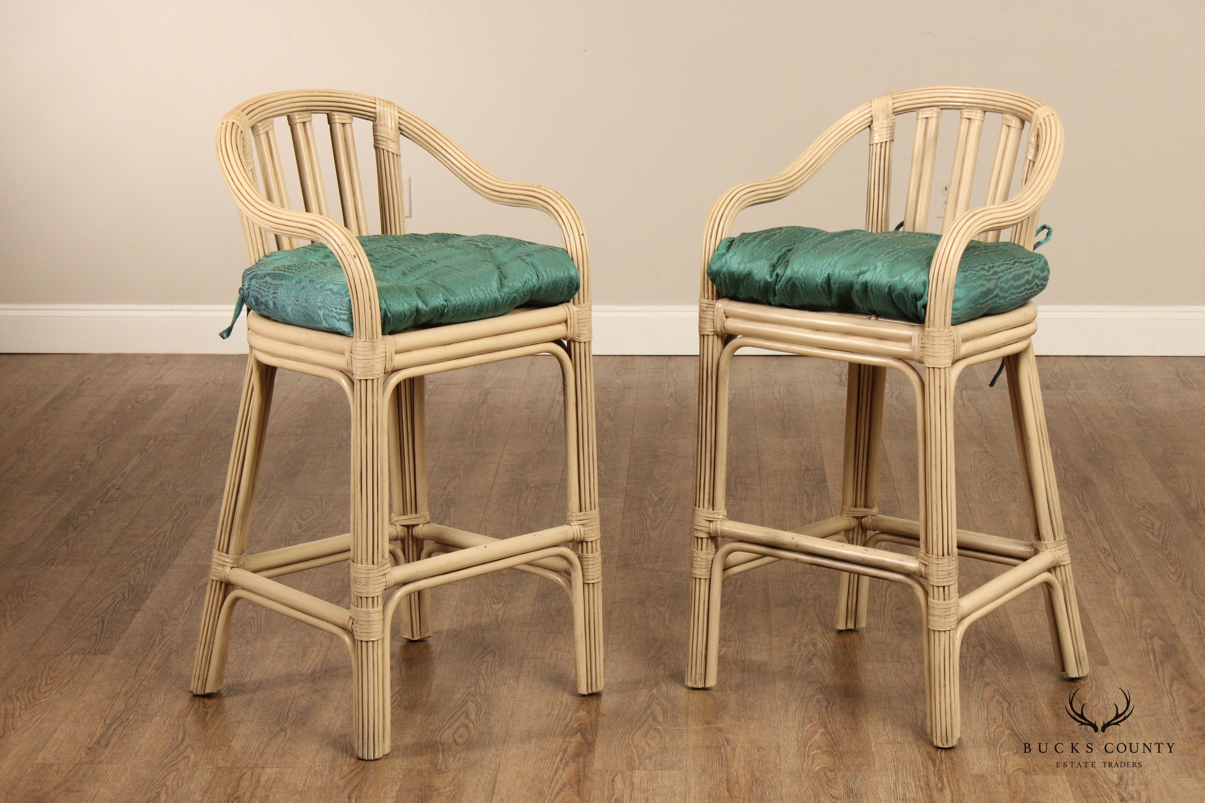 Hollywood Regency Style Pair of Rattan Bar Stools