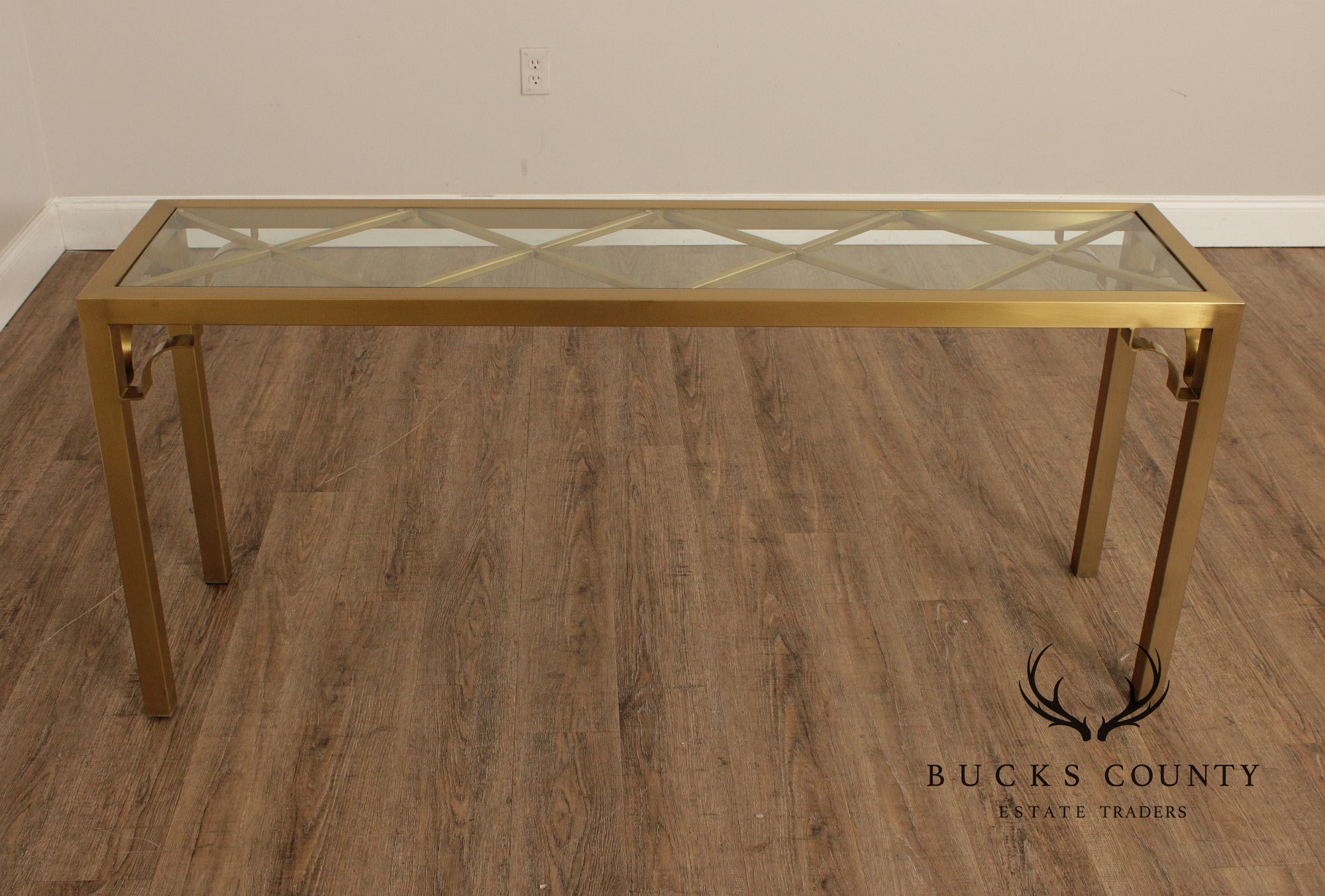 Hollywood Regency Style Glass Top Brass Console Table