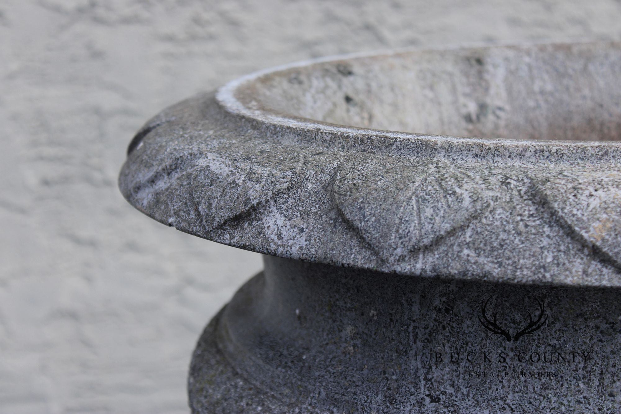 Vintage Pair Of Carved Granite Three-Piece Garden Urns On Pedestals