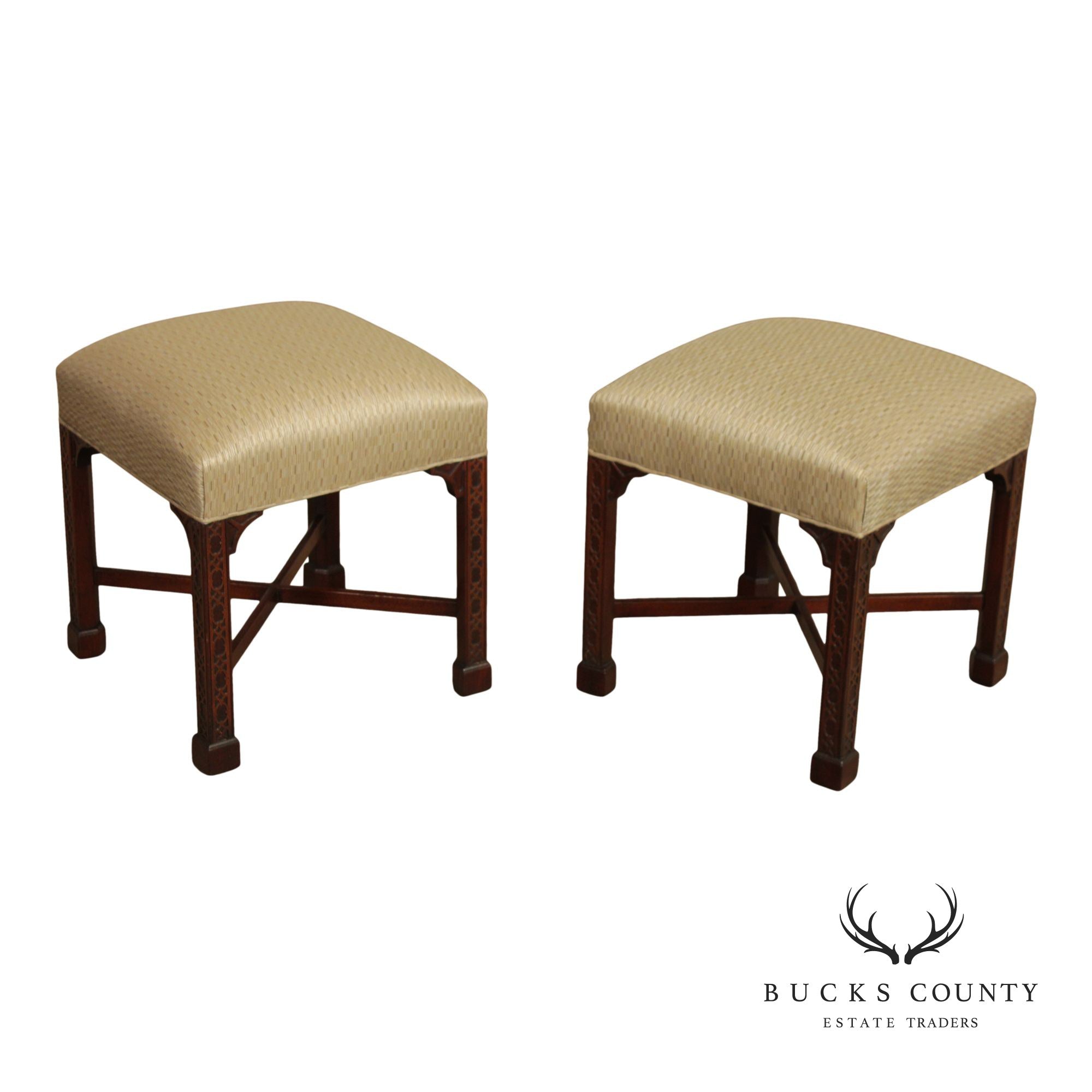Chinese Chippendale Style Pair of Mahogany Stools